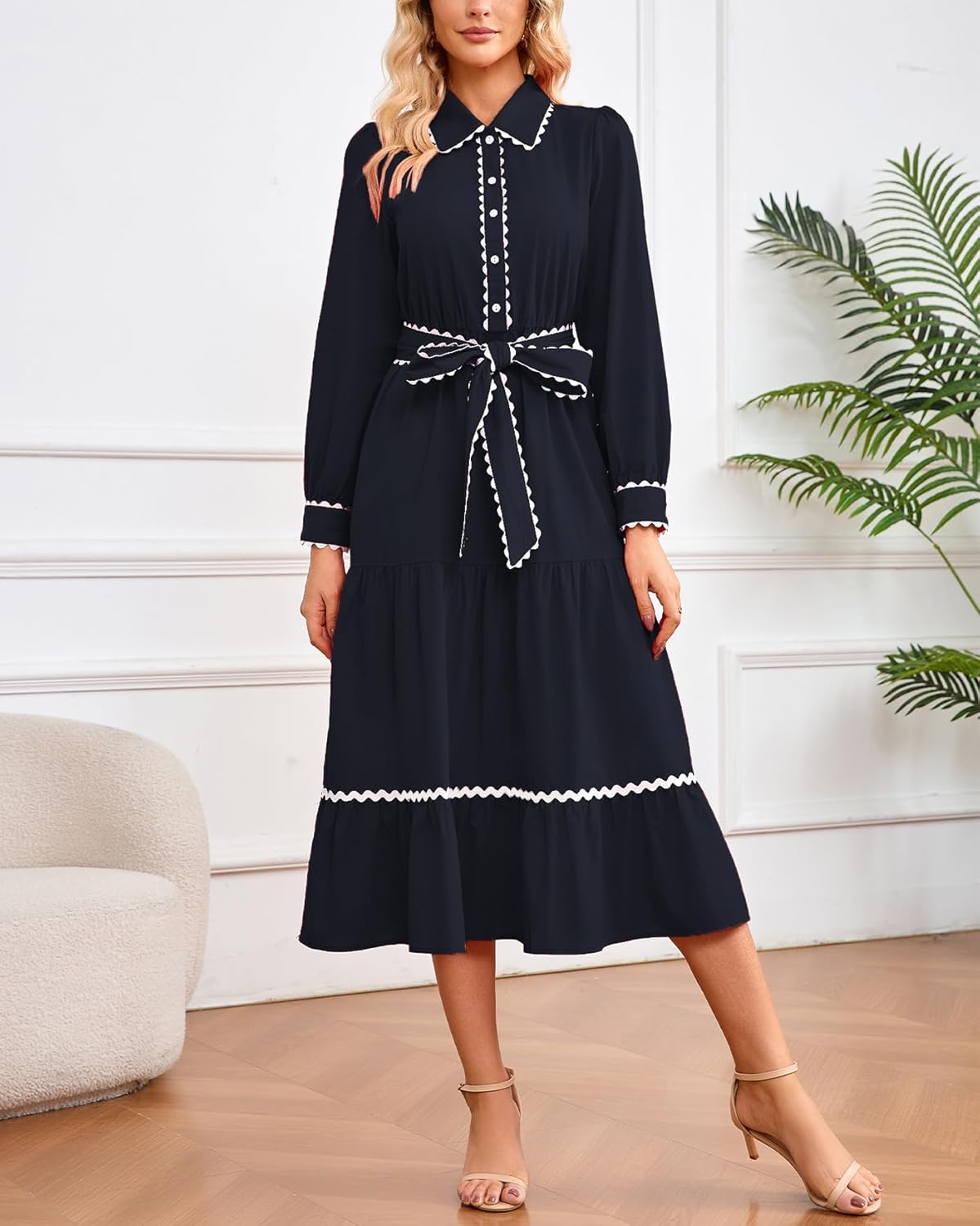 Women's Long Sleeve Midi Dress Casual V Neck Button Down RIC Rac Tiered Flowy Tie Waist Shirt Dress - Image 7
