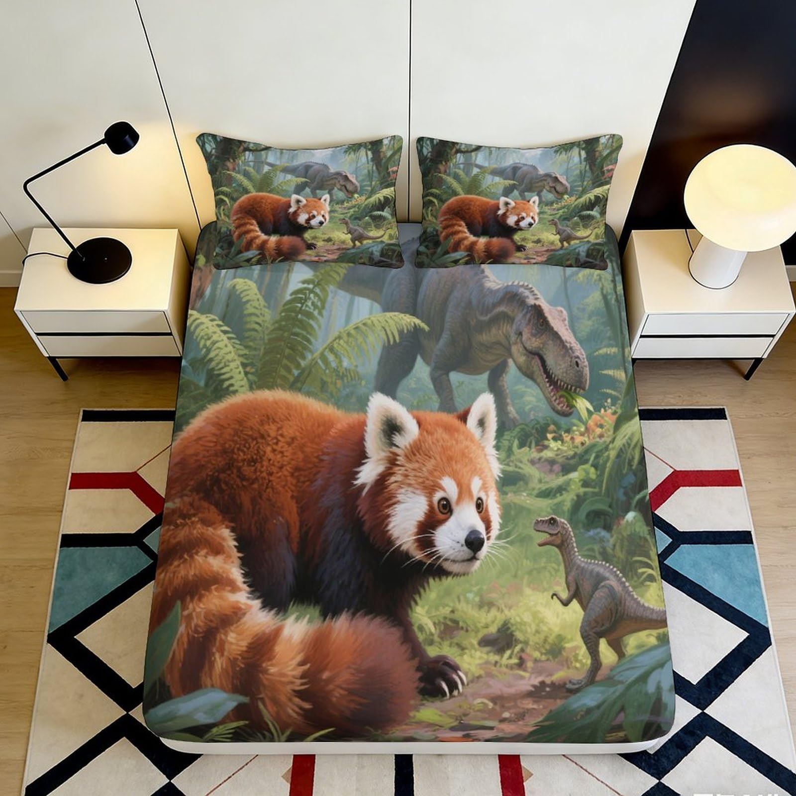 3D Printed Red Panda Fitted Sheet Microfiber Soft Breathable Forest Dinosaur Mattress Cover for Bedroom Dorm Decor 90x200x25cm