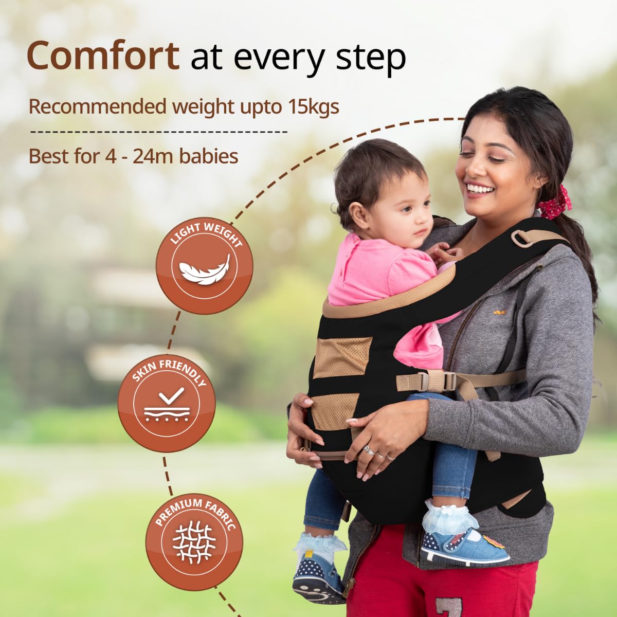 Mother carrying baby on hip seat facing parent with LuvLap Royal Hip Seat Baby Carrier