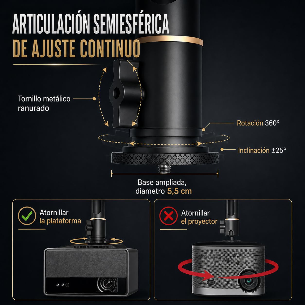 Soporte de techo para proyector – Compartimento de alimentación integrado, carga 10 kg, longitud ajustable 18-48 cm, articulación semiesférica 360°, cable oculto
