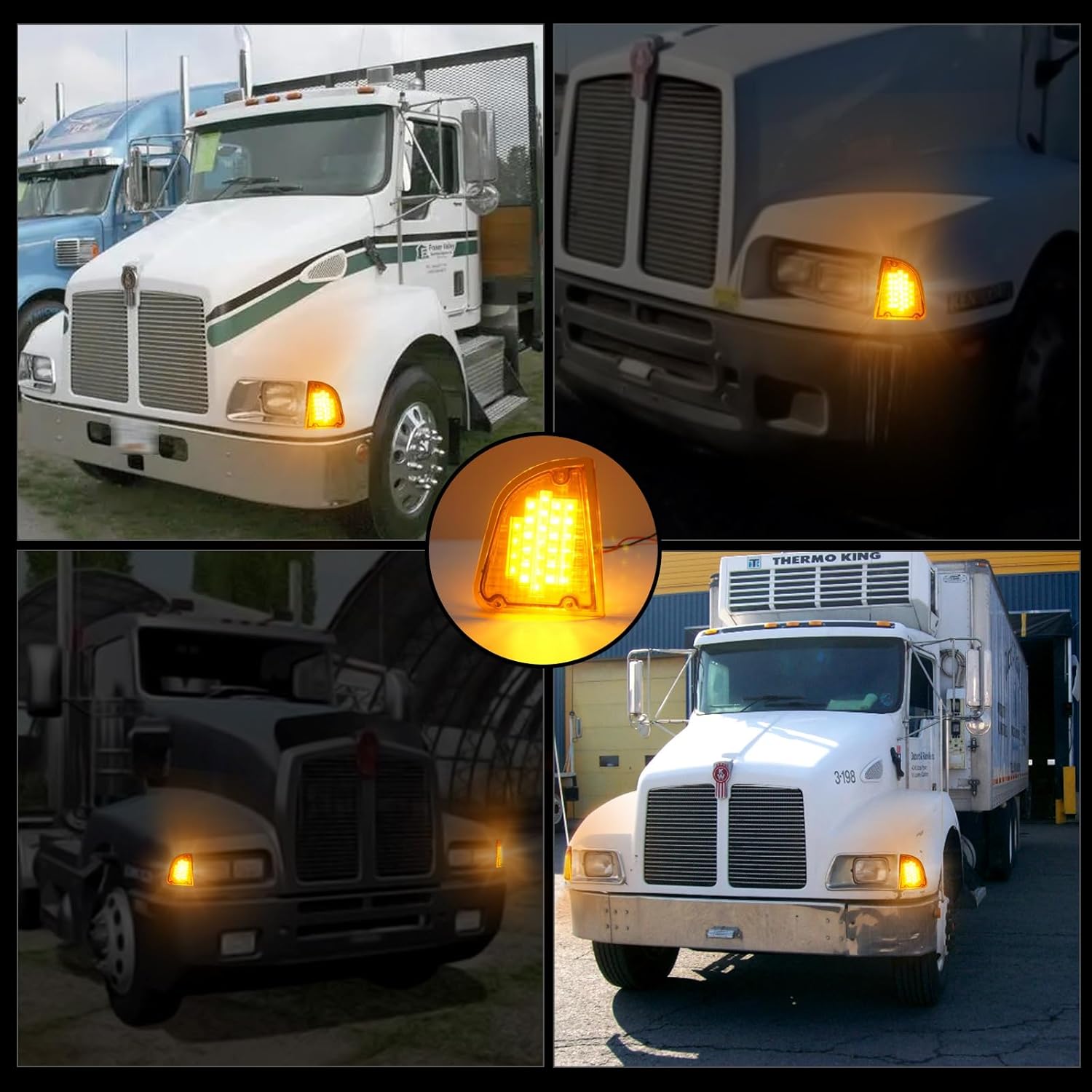 1 Pair 29 Amber LED Front P/T/C Lights Assembly, Amber Lens Front LED Turn Signal Lights Parking Corner Lights, Replacement for Kenworth T600 T660 K300 T300 T330, with 1157 Plug, LH & RH