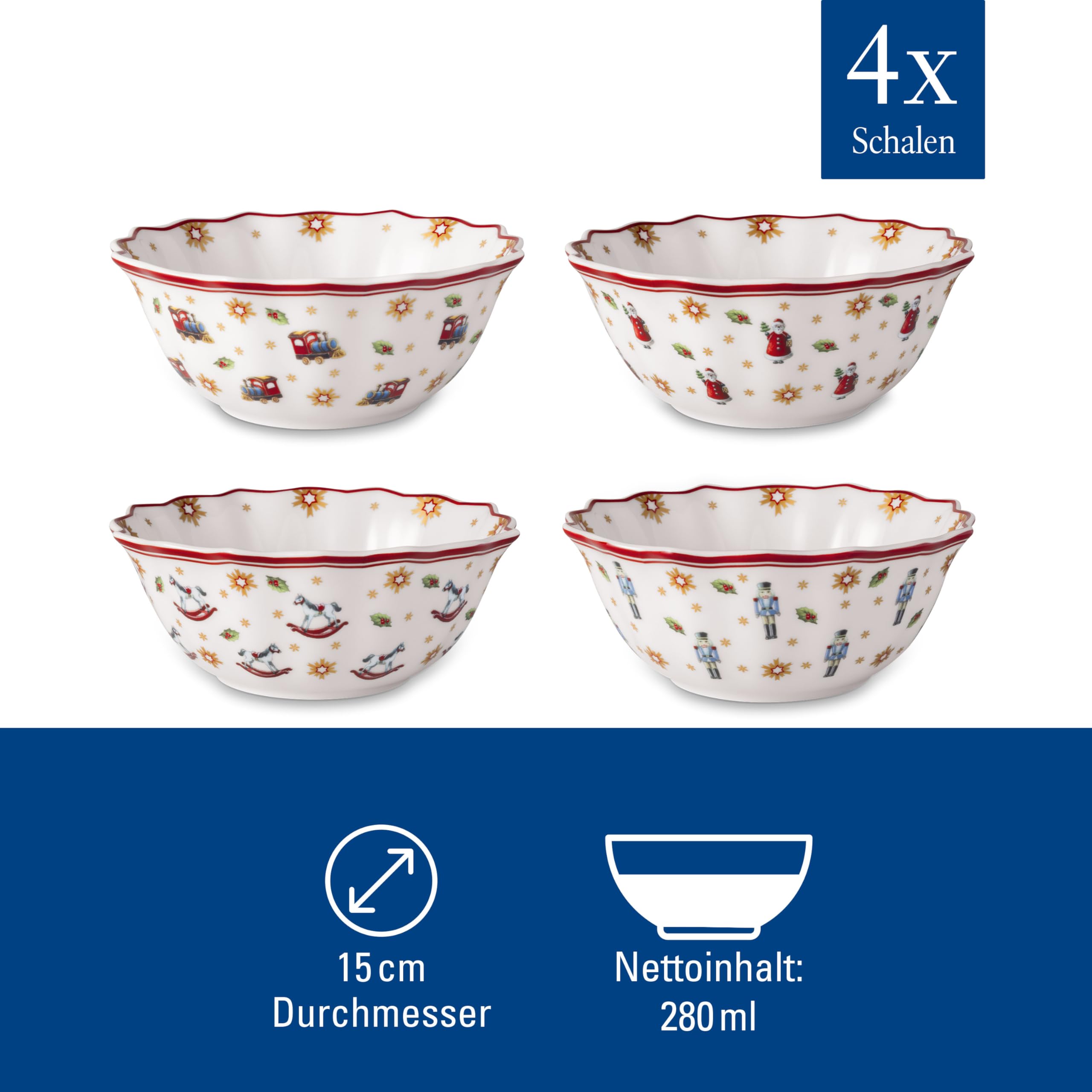 Villeroy & Boch - Toy's Delight Jubiläums-Schalen Set 4 teilig Bunt, Weihnachten, Schalen Set für 4 Personen, Schüsseln, Weihnachtsmotiv, Weihnachtsgeschirr, Premium Porzellan