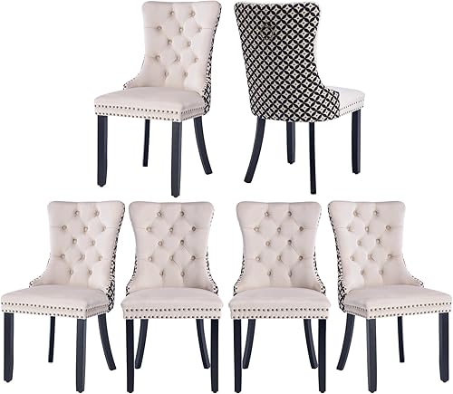 Miniatura 10 de Juego de 6 sillas de comedor marrones, sillas de comedor tapizadas con tela de lino acolchada con capitoné, con respaldo alto, ribete de tachuelas y