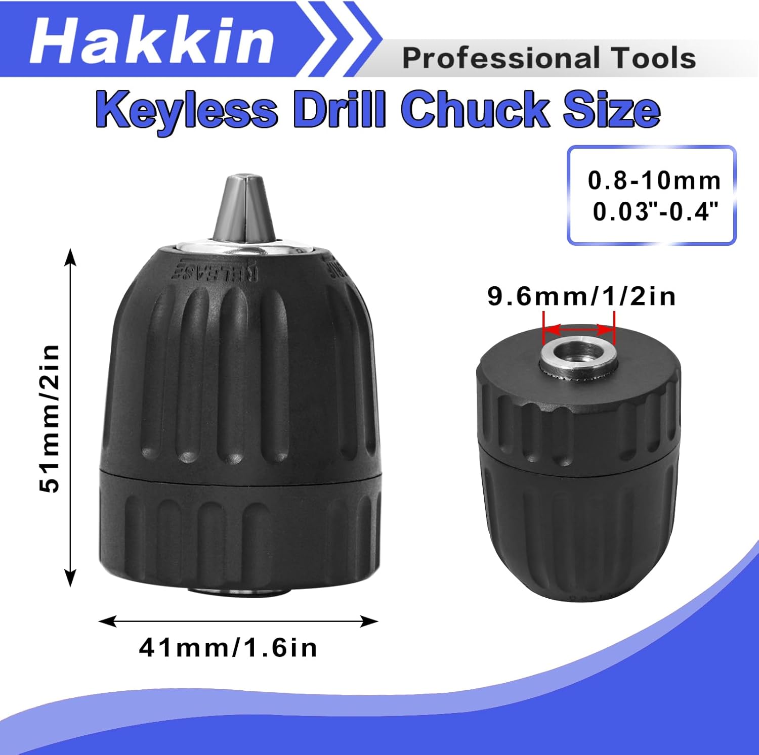 Hakkin 0.8-10mm Keyless Drill Chuck Adapter, 3/8-24UNF Capacity Mount with SDS-PLUS Shank, 1/4" Hex Shank Lock Key, 1/2” Socket Square Adapter, for Impact Driver