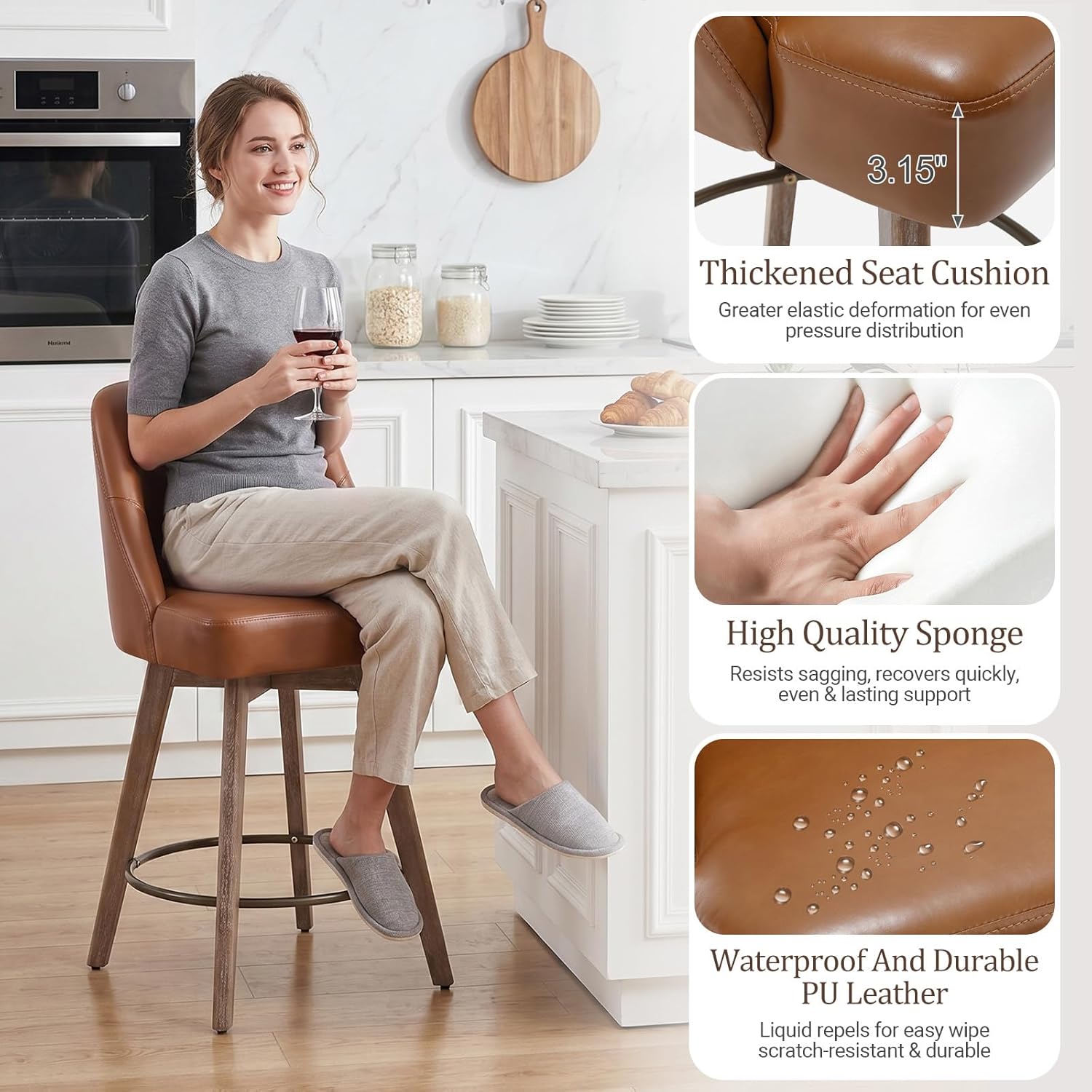 Bekrvio Counter Height Bar Stools Set of 2, Mid-Century Swivel Bar Chairs with Backs and Beech Wood Legs, 26 Inch Seat Height, PU Leather Upholstered Barstools for Kitchen Island, Bar, Pub, Brown
