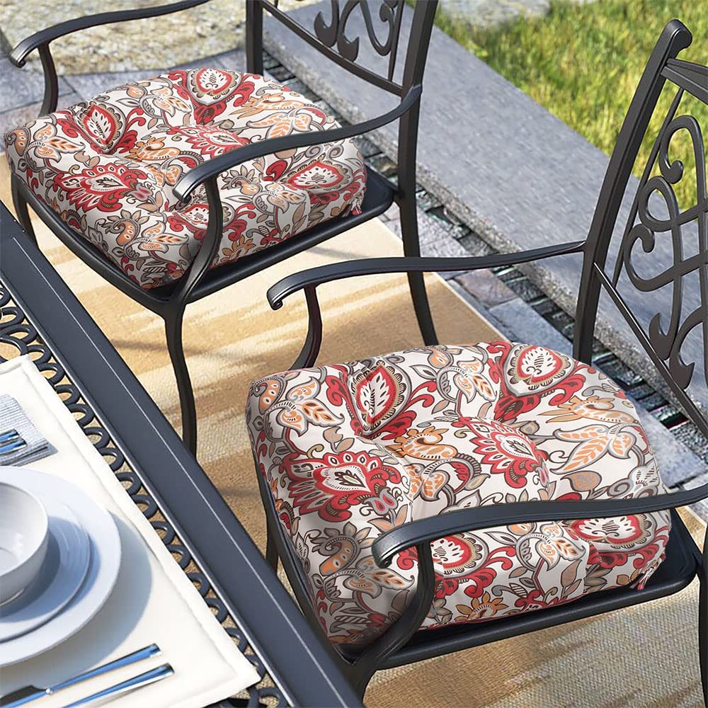 MAGPIE FABRICS Outdoor/Indoor Tufted Seat Cushion with Ties Set of 2, 19"x19" Waterproof Patio Chair Pads Tatami Floor Pillow for Room Garden Balcony Office Decor(Botanical Red)