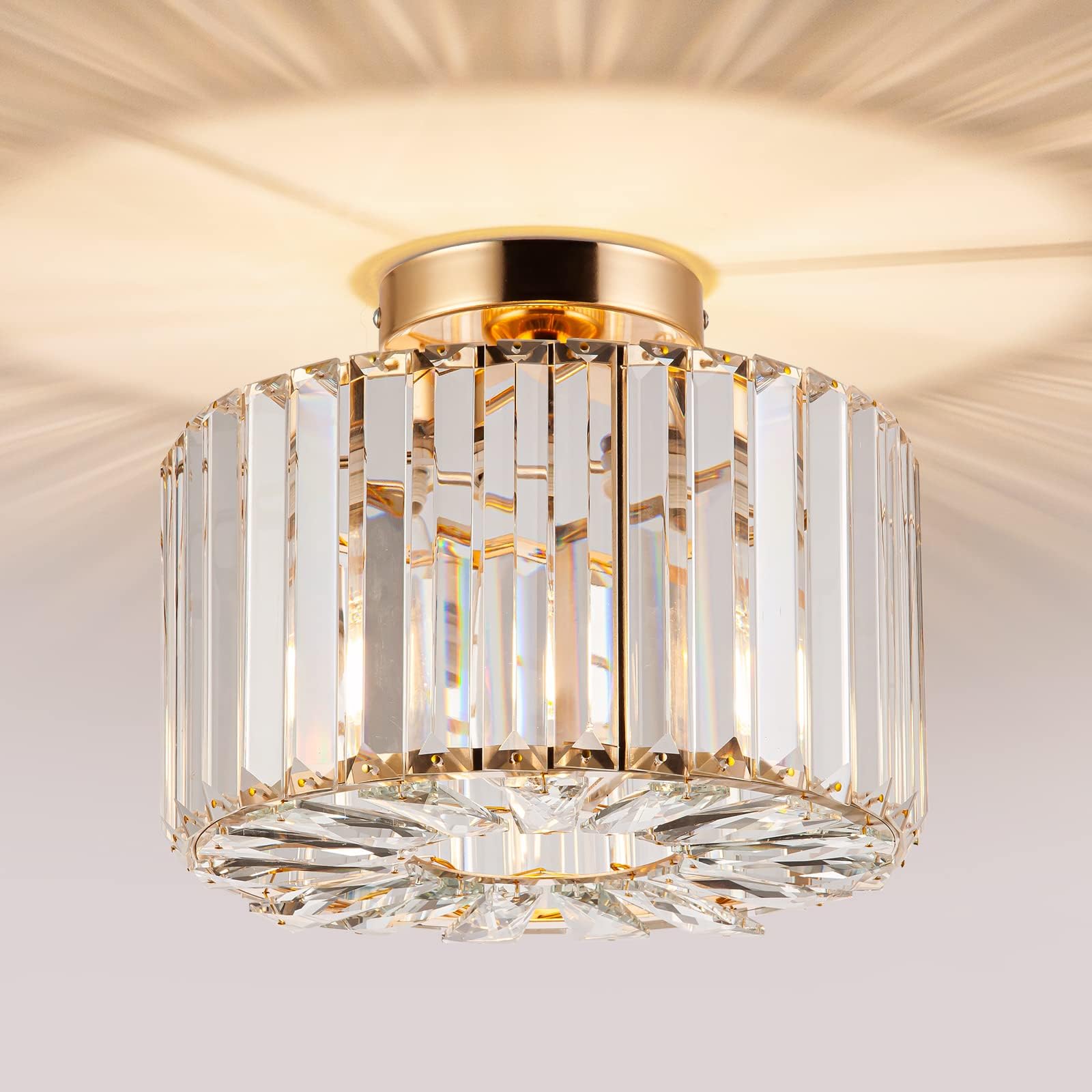 HOPGGIE 10.6 Inch Gold Chandelier Flush Mount Ceiling Light Mini Small Crystal Chandeliers Modern Hallway Light Fixtures Ceiling for Entryway Bedroom Bathroom Kitchen