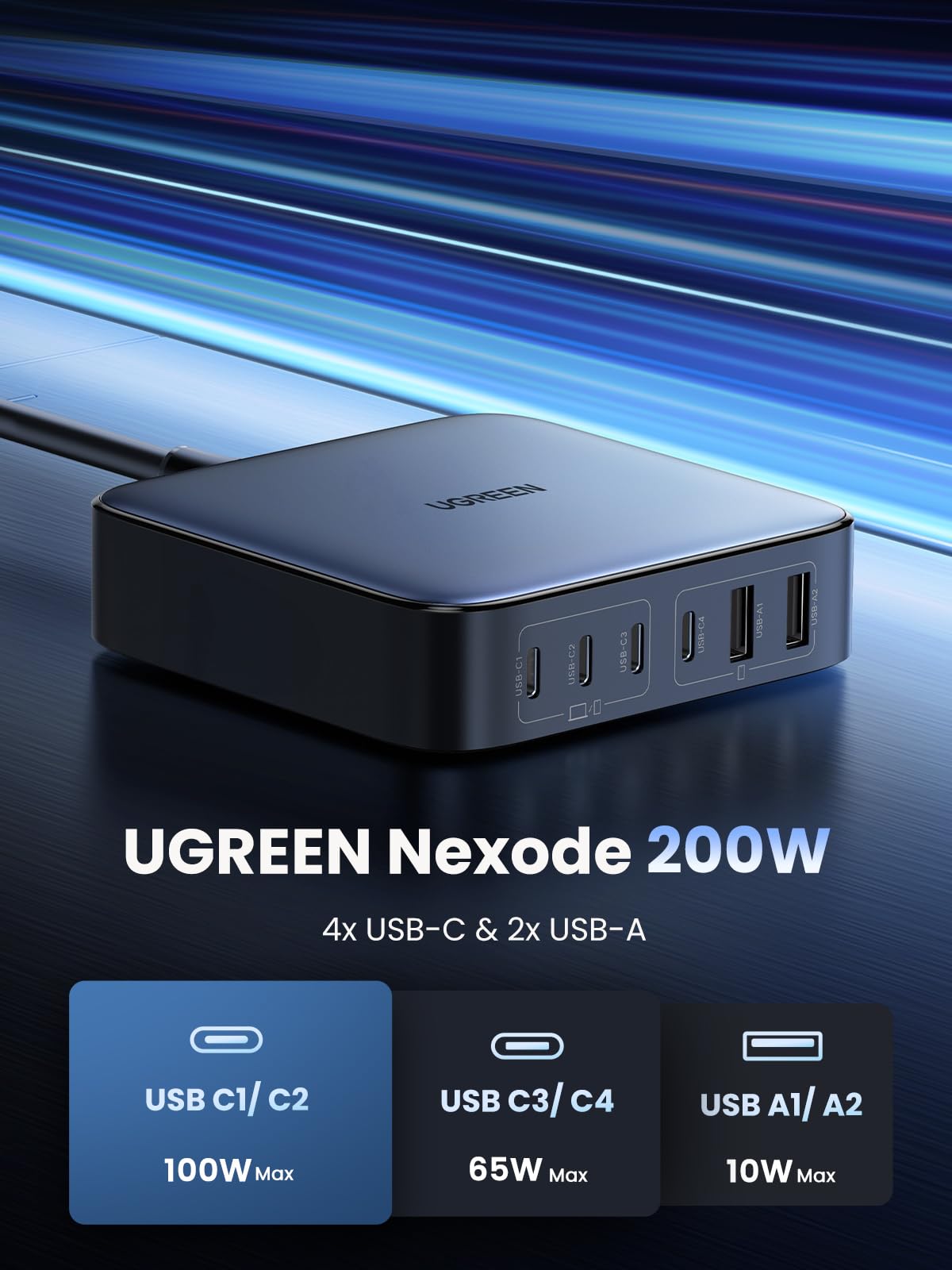 UGREEN Nexode Ladegerät 200W USB C PD Netzteil 100W+100W 6-Ports GaN Charger Mehrfach kompatibel mit MacBook Pro/Air M2 2022, iPhone 17 Pro Max/16, Galaxy S25 Ultra, S24