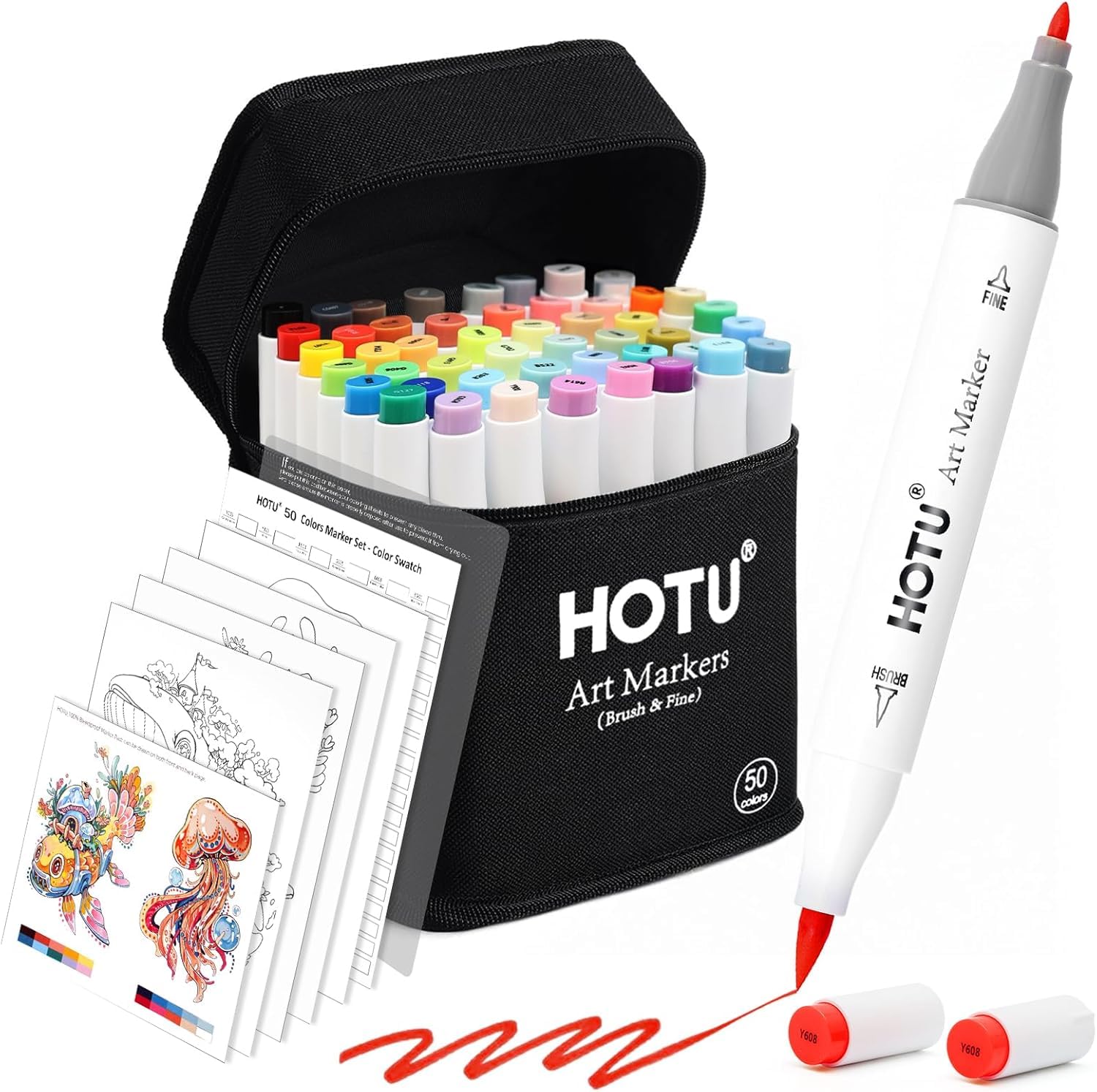 HOTU rotuladores alcohol- 50 Colores, rotuladores de alcohol de doble punta (pincel y fina), alcohol markers profesionales para libros de colorear para adultos