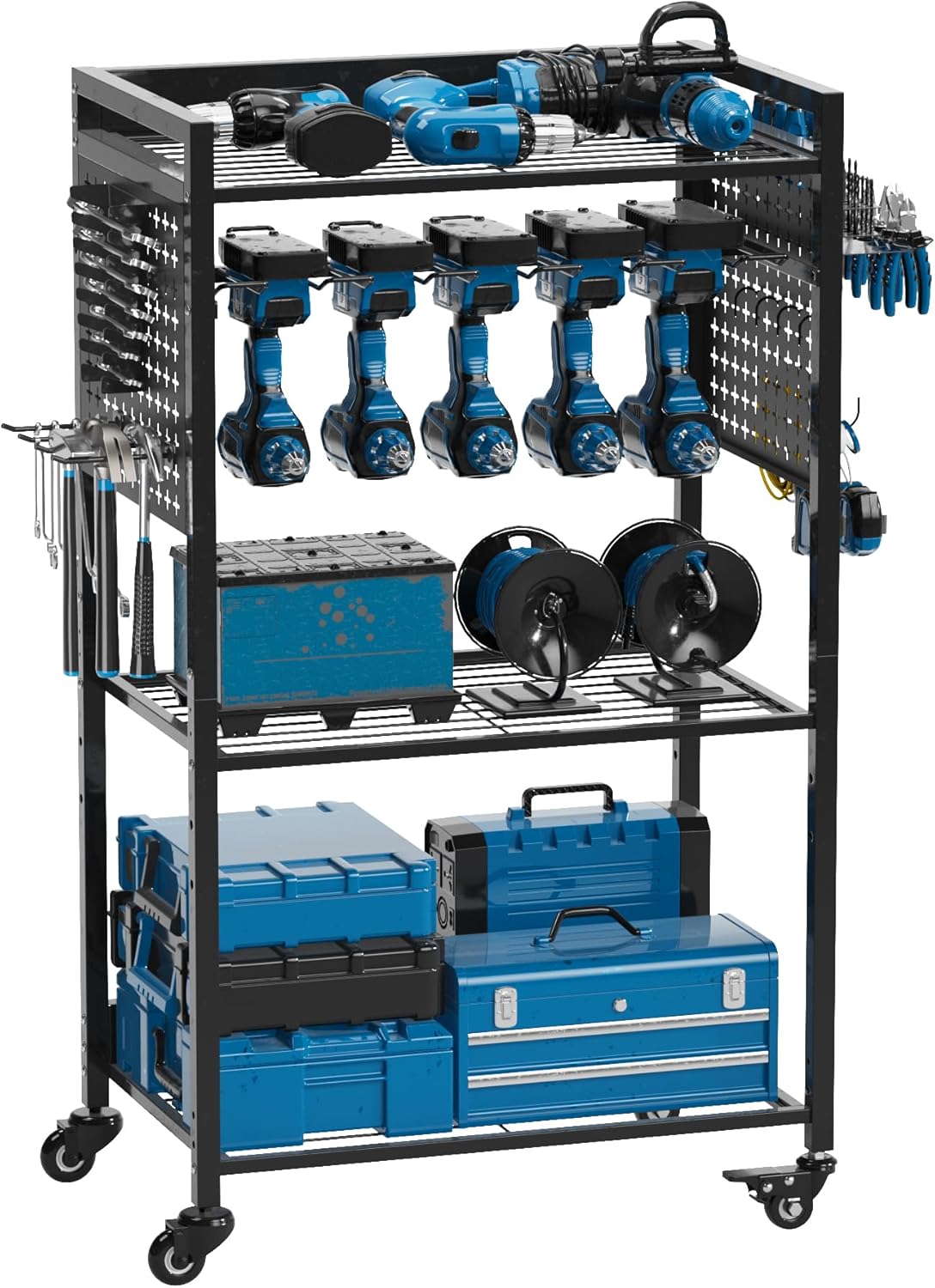 Utility Cart & Tool Organizer with 3-Tier Shelves, Pegboards & Electric Drill Holder | Heavy-Duty Rolling Cart for Garage & Workshop | Mobile Tool Storage & Gift for Men