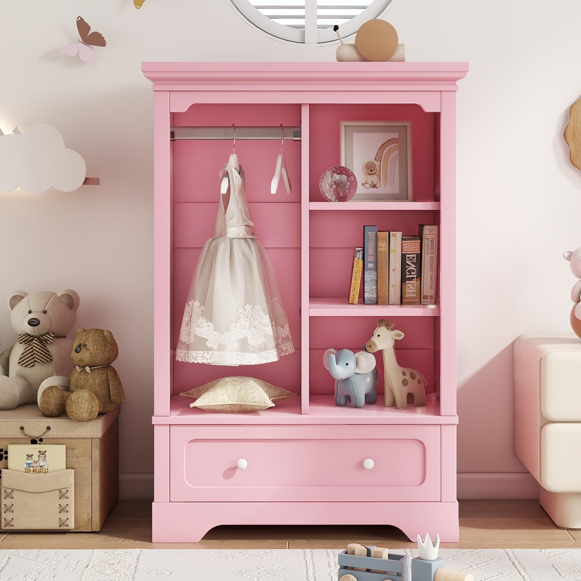 ROCKRAIN Kids Wardrobe Pink Open Storage: Low-Profile Design with Hanging Rod & Drawer - MDF & Particle Board Safe Rounded Corners - Easy Access for Toddlers & Children Bedroom Organization