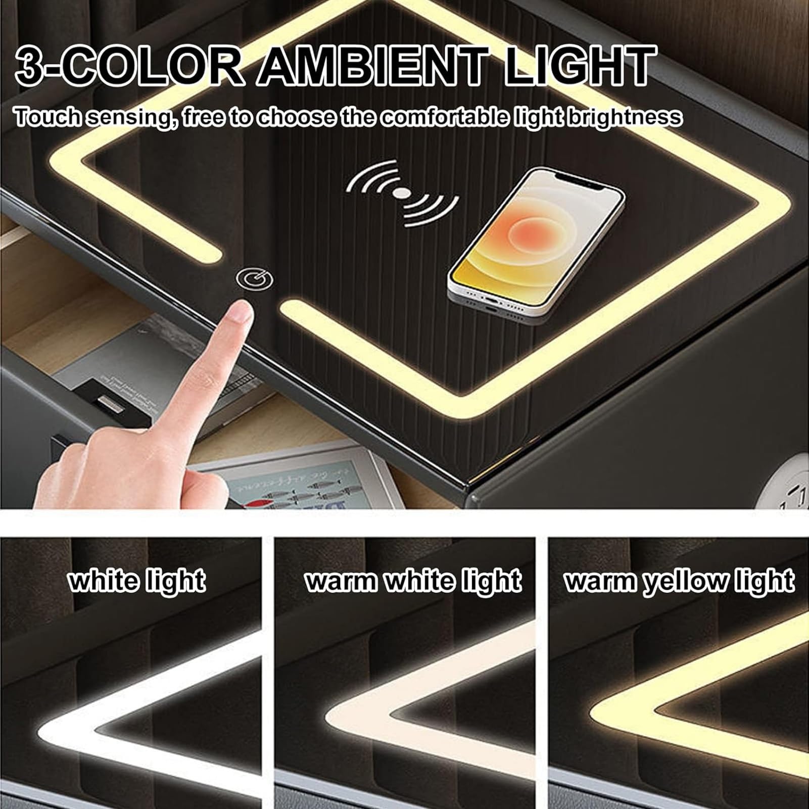 Inteligentny stolik nocny, inteligentny stolik nocny ze stacją ładującą, ze światłem LED/głośnikiem Bluetooth/3 szufladami do przechowywania do salonu w sypialni (kolor: biały, rozmiar: praw