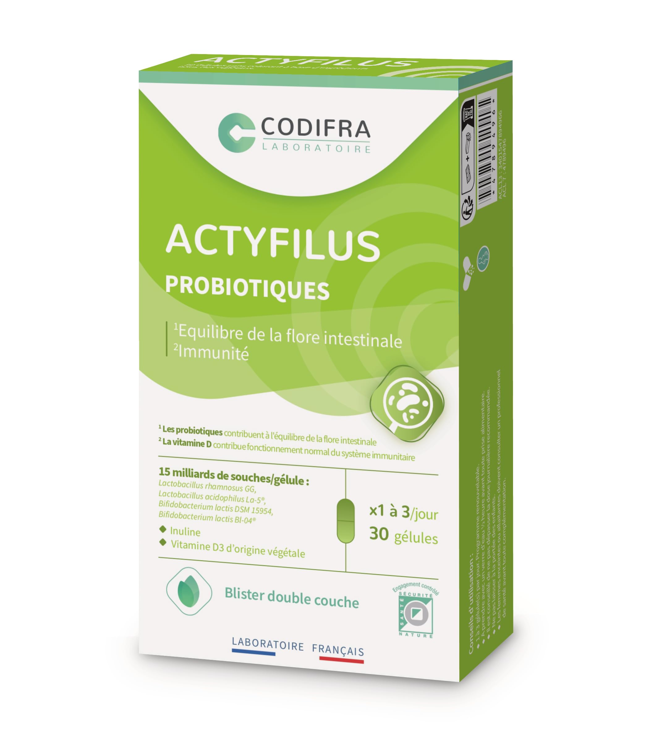 Codifra - Actyfilus, Complément Alimentaire Immunité et Flore Intestinale - 4 Souches de Probiotiques + Inuline + Vitamine D3-​15 Milliards d'UFC par Gélule - Fabrication Française - 30 Gélules