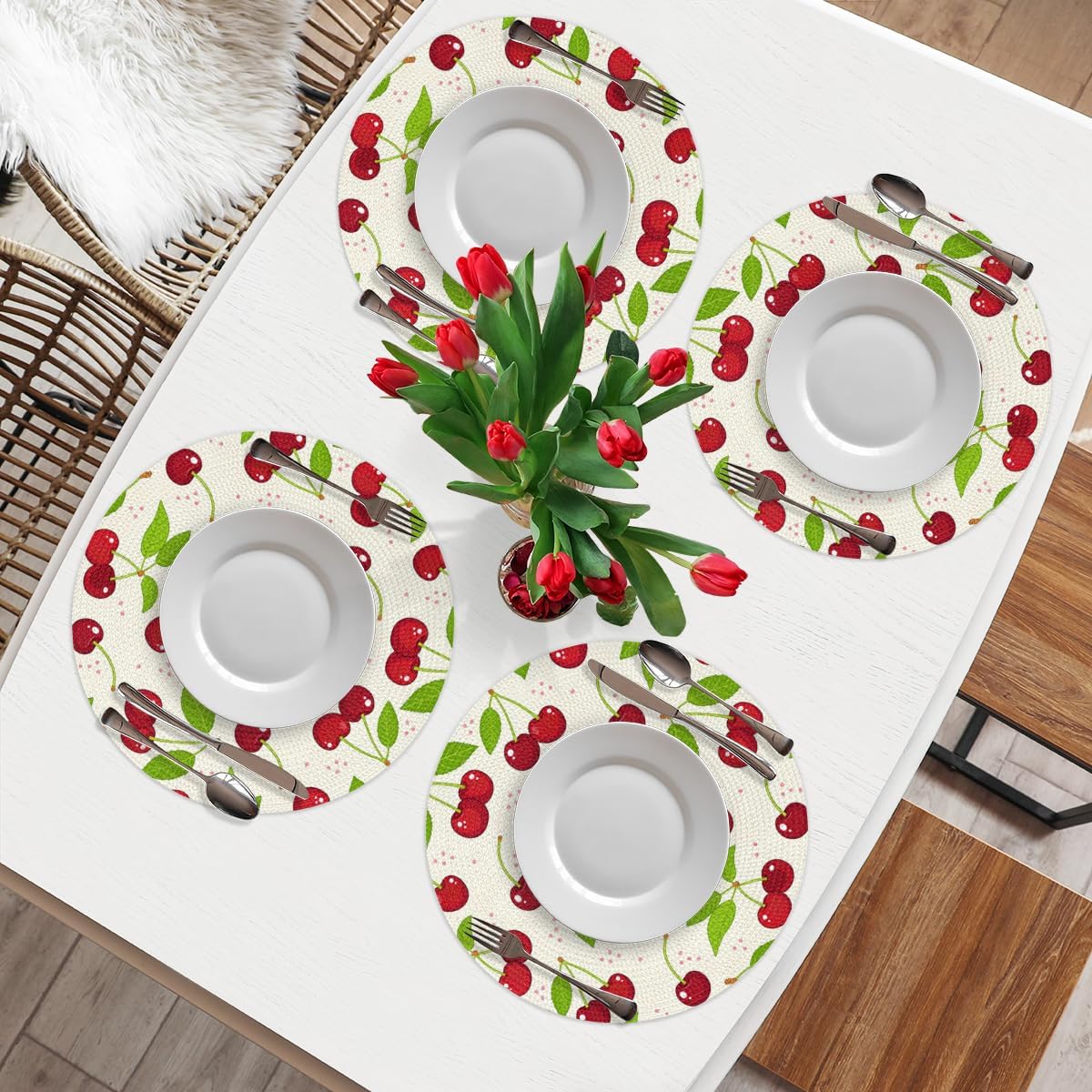 Cherry Print Round Braided Placemats Set of 6 Washable 15 Inch Round Table Mats Woven Heat Resistant Round Place Mats for Kitchen Dining Table