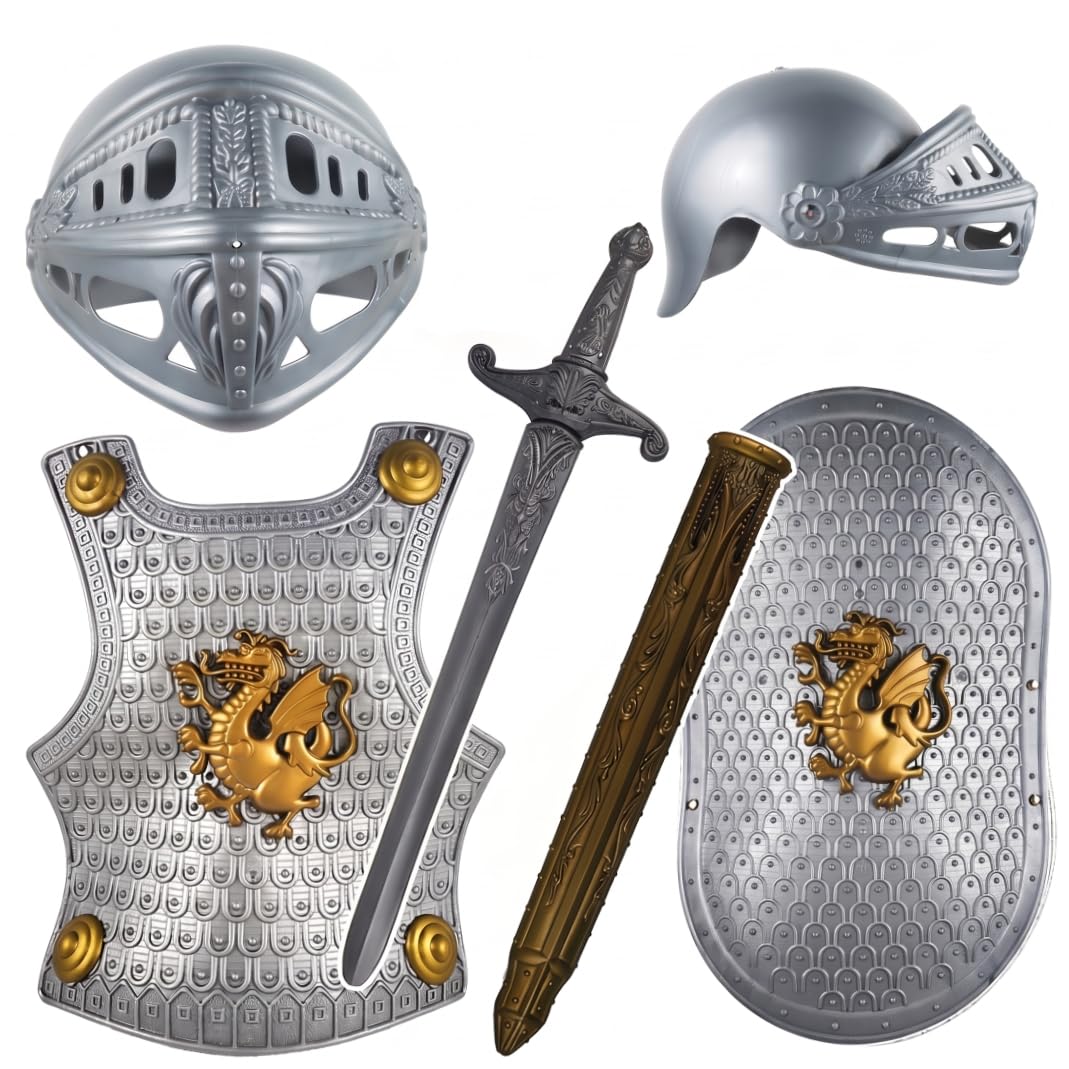 Kids Knight Armor Sword Set – Medieval Knight Costume for Boys Halloween Cosplay with Helmet Chest Plate & Shield