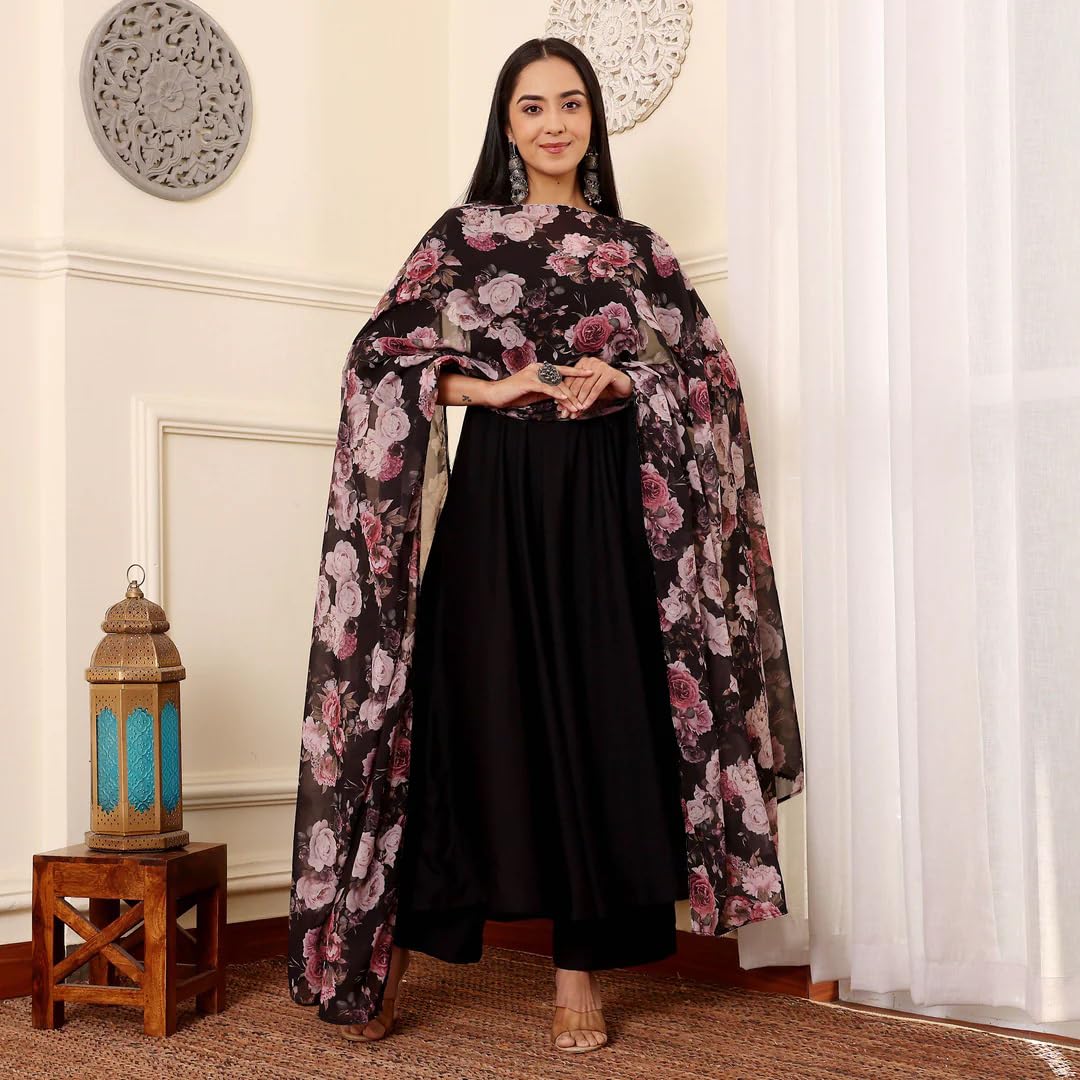 Toochki Women's Black Rayon Fit & Flared Salwar Suit Set With Dupatta | Cotton Kurta Suit For Women | Kurti Set |Ethnic Anarkali Suit | Black Ethnic Dress