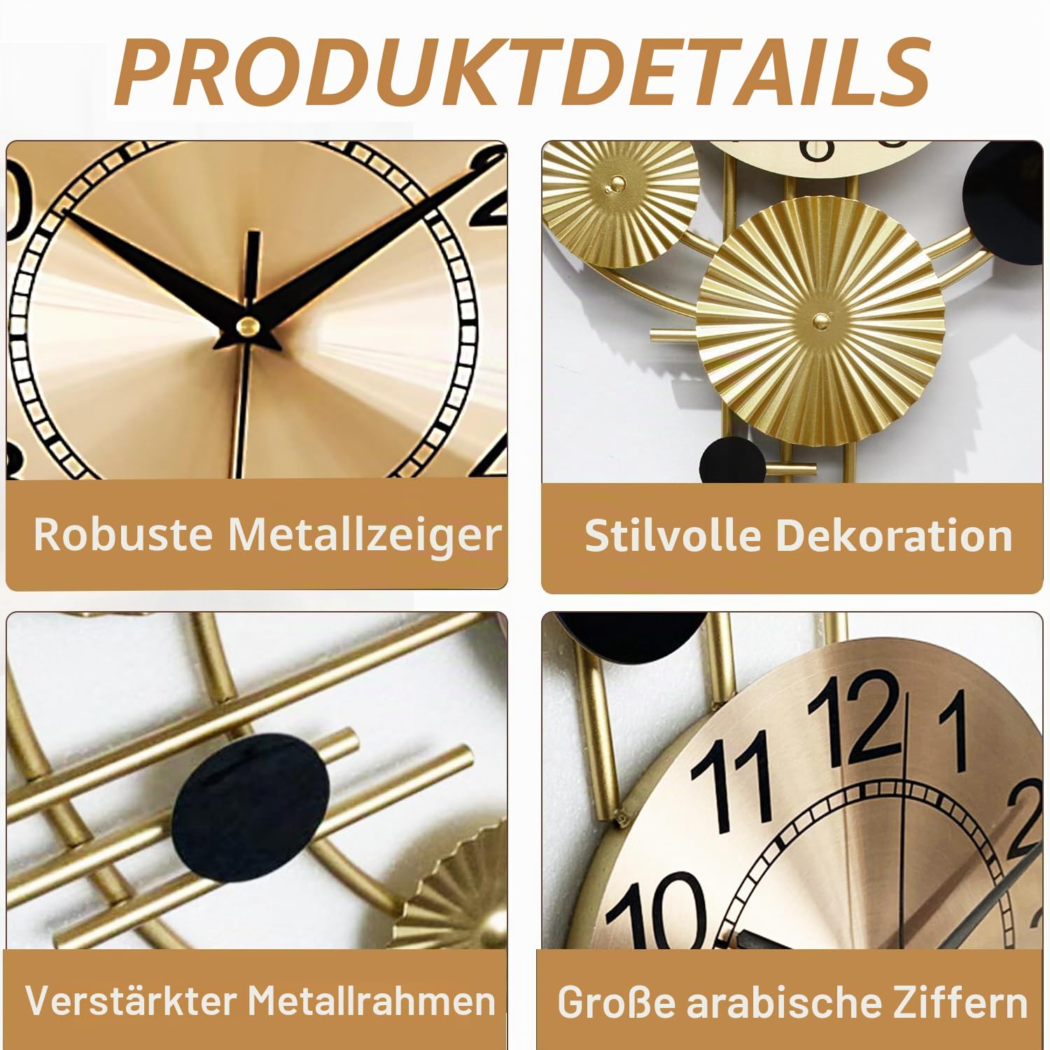 Große Wanduhr für Wohnzimmer, leises Quarzwerk, nicht tickend, batteriebetrieben, dekorative analoge große Wanduhr für Küche, Schlafzimmer, Zuhause, Büro, Wanddekoration, 45,2 x 78 cm (Gold)