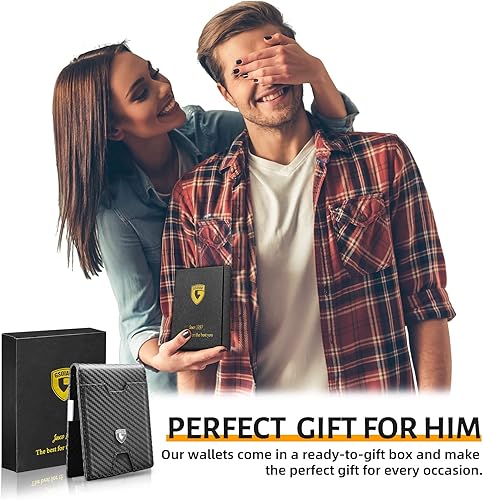 Miniatura 7 de GSOIAX Billetera delgada para hombre con bloqueo RFID, carteras plegables para hombres, minimalista, de piel auténtica, fibra de carbono, tarjetero