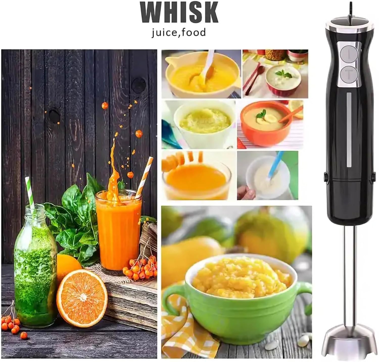 Immersion Hand Blender 600W Hand Mixer With Stainless Steel Blade, Black Stick Blender Container Chopper for Baby Food Smoothies Soup