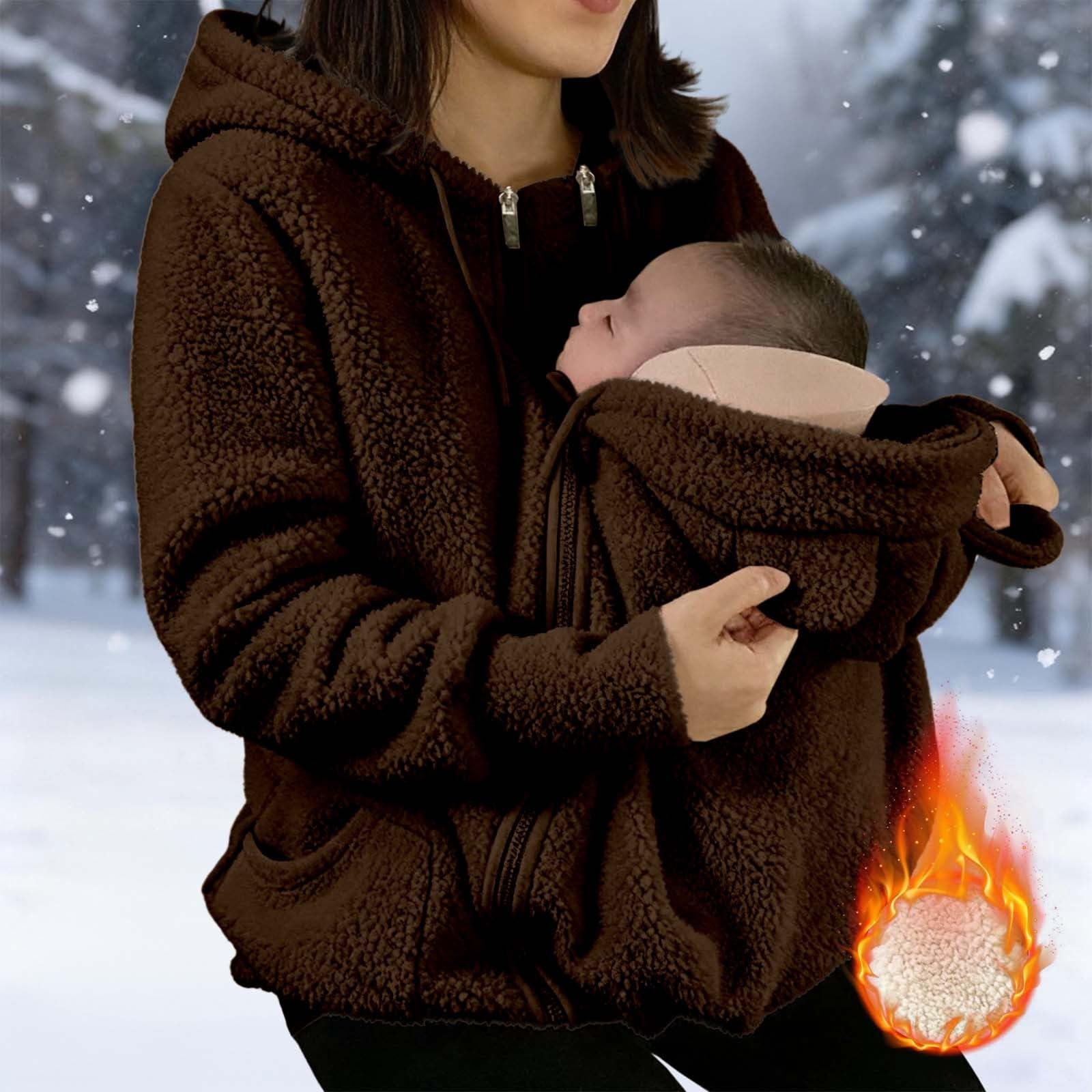 Umstandsjacke mit Babyeinsatz Warm Teddy Fleecejacke Umstands Baumwolljacke Winter Umstandsmode 2 in 1 Tragejacke mit Taschen Teddyfleece Winterjacke Flauschig Weich Plüschjacke weich dick Teddyjacke