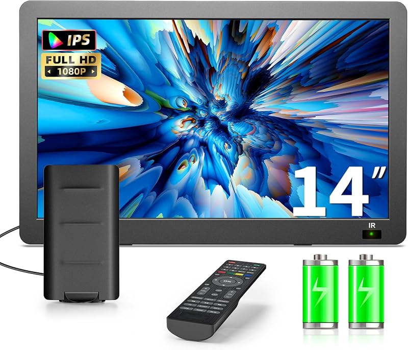 TV portátil de 14 pulgadas con antena mejorada, monitor LCD 1080P | Entrada HDMI/USB/AV, pequeño televisor portátil para camping, auto, RV, hogar, control remoto