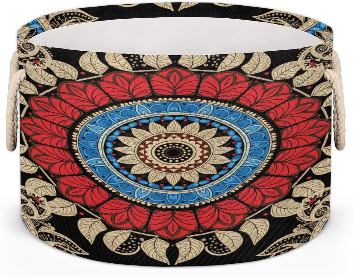 Large Storage Baskets - Red Mandala Flower Nursery Round Collapsible Organizer Bin Box, Laundry Hamper for Kids Toys, Blanket, Bedroom Living Room Home Decor, Gift Basket, 19.4"x13.3"
