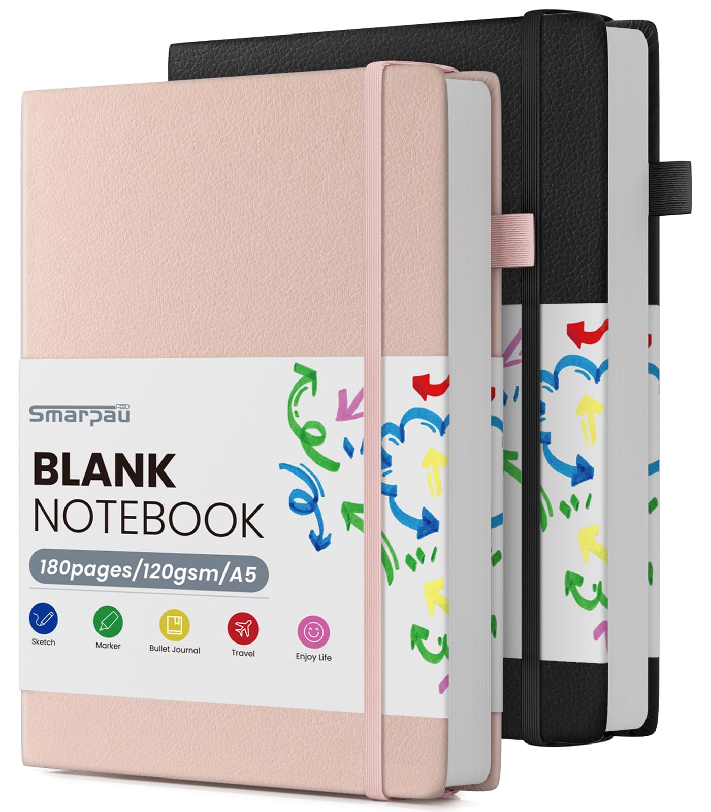 Smarpau A5 Plain Notebook 2 Pack, 360 Pages Hardback Plain Notebook with 120GSM Premium Blank Paper, Leather Notepad for Women Men Writing Drawing, Black Pink