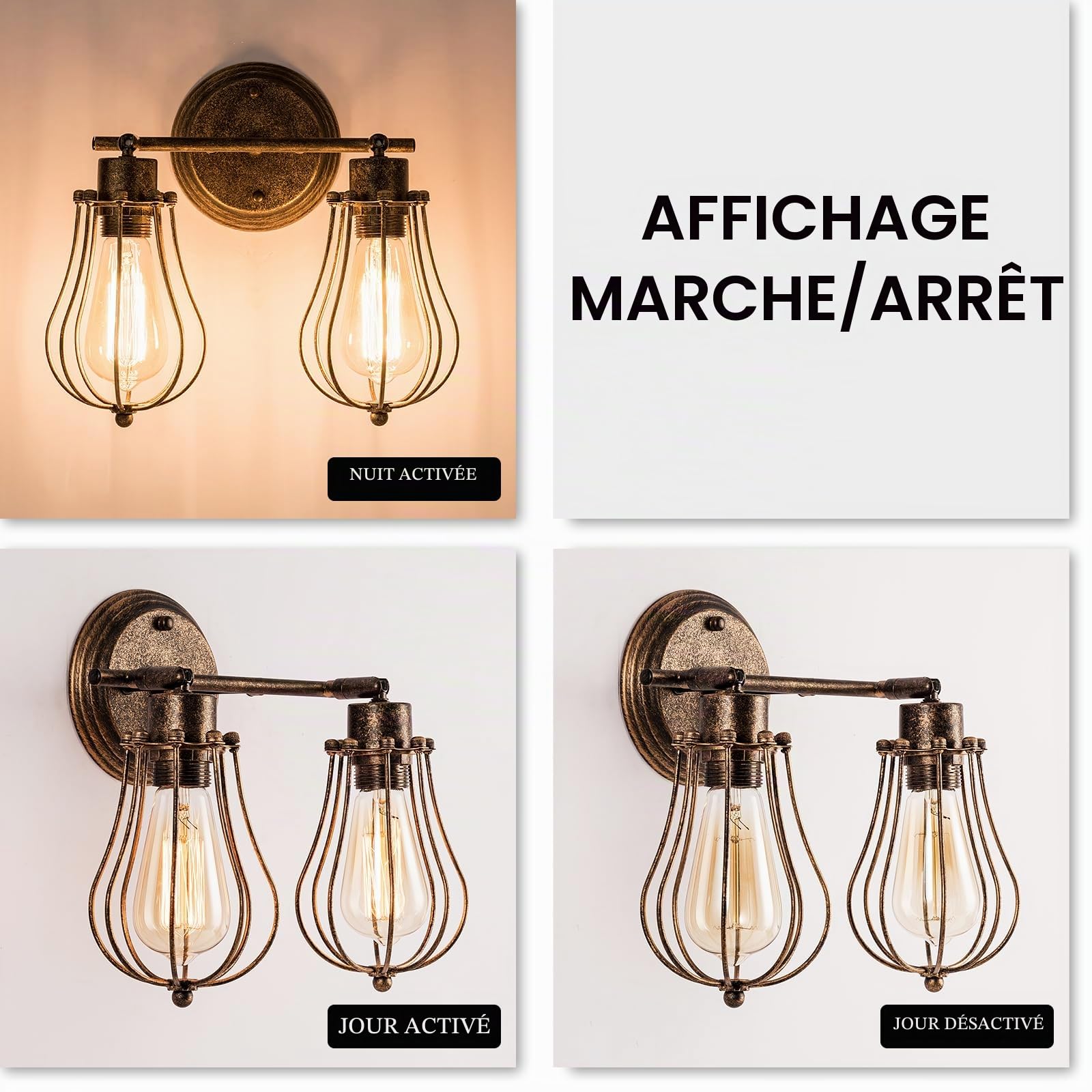 Applique murale industrielle rustique Cage en fil métallique Cage réglable Douille Vintage Appliques rétro en métal pour gazebo de chambre à coucher (sans ampoule) (avec 2 lumières) (Bronze)