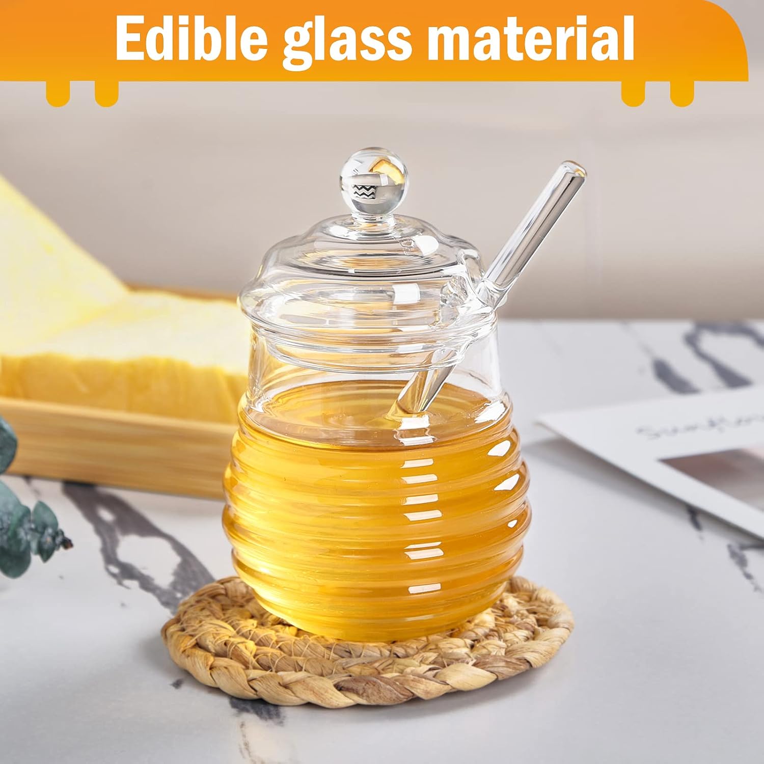 Honey Jar with Dipper and Lid,Glass Honey Pot Container Dispenser,Clear Glass Honey Container for Home Kitchen,Store Honey and Syrup,Easy to Clean