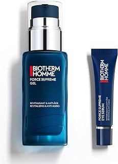 Biotherm Homme Force Supreme Gel (50 ml): Gel facial revitalizante para hombres con efecto antiedad + Biotherm Homme Force Supreme Eye Serum (15 ml): Crema de ojos antiedad para hombres.