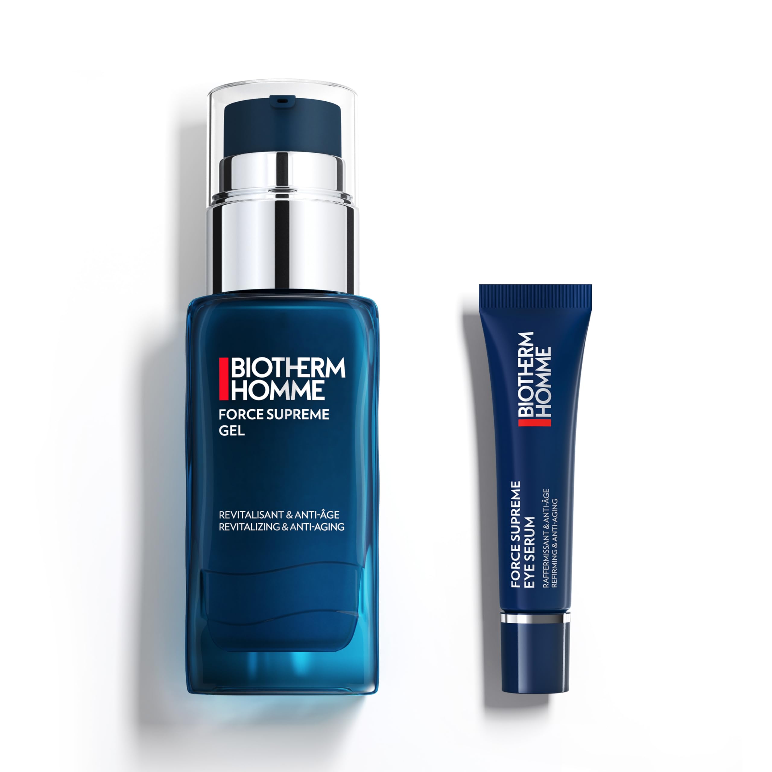 Biotherm Homme Force Supreme Gel (50 ml): Gel facial revitalizante para hombres con efecto antiedad + Biotherm Homme Force Supreme Eye Serum (15 ml): Crema de ojos antiedad para hombres.