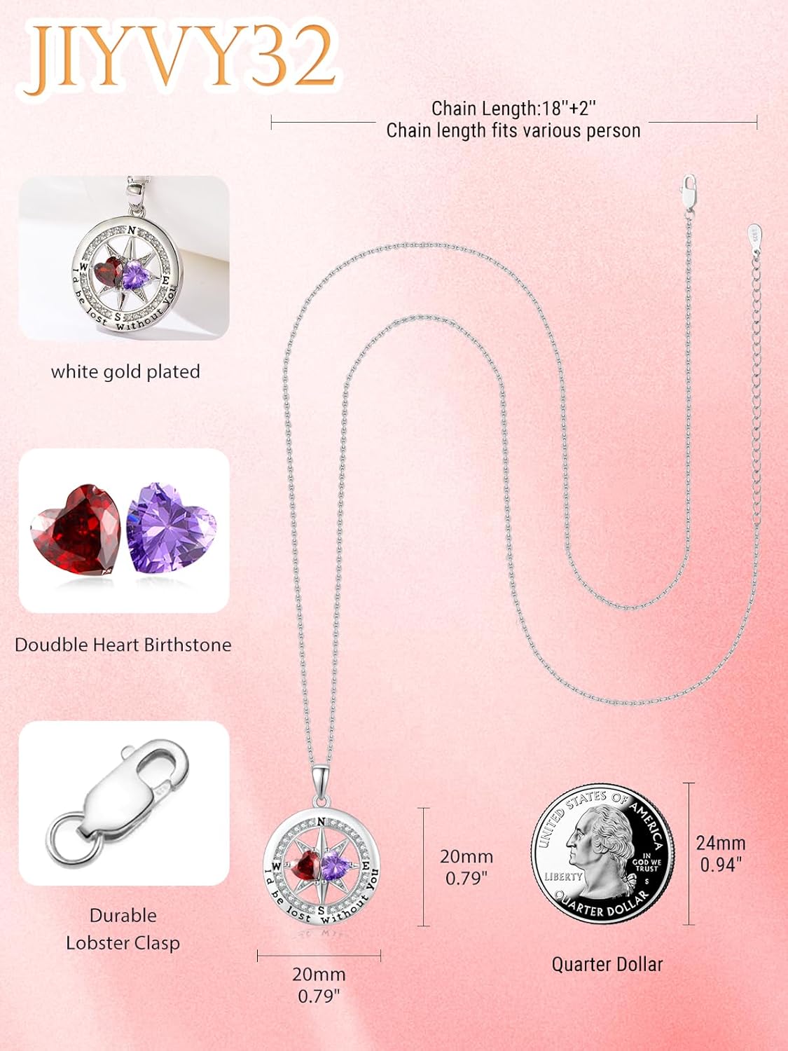 Compass Necklace for Women, Exquisite S925 Valentines Day Anniversary Birthday Gifts for Wife Her Double Birthstone Pendant Jewelry ‘I'd be Lost Without You’ - Image 2
