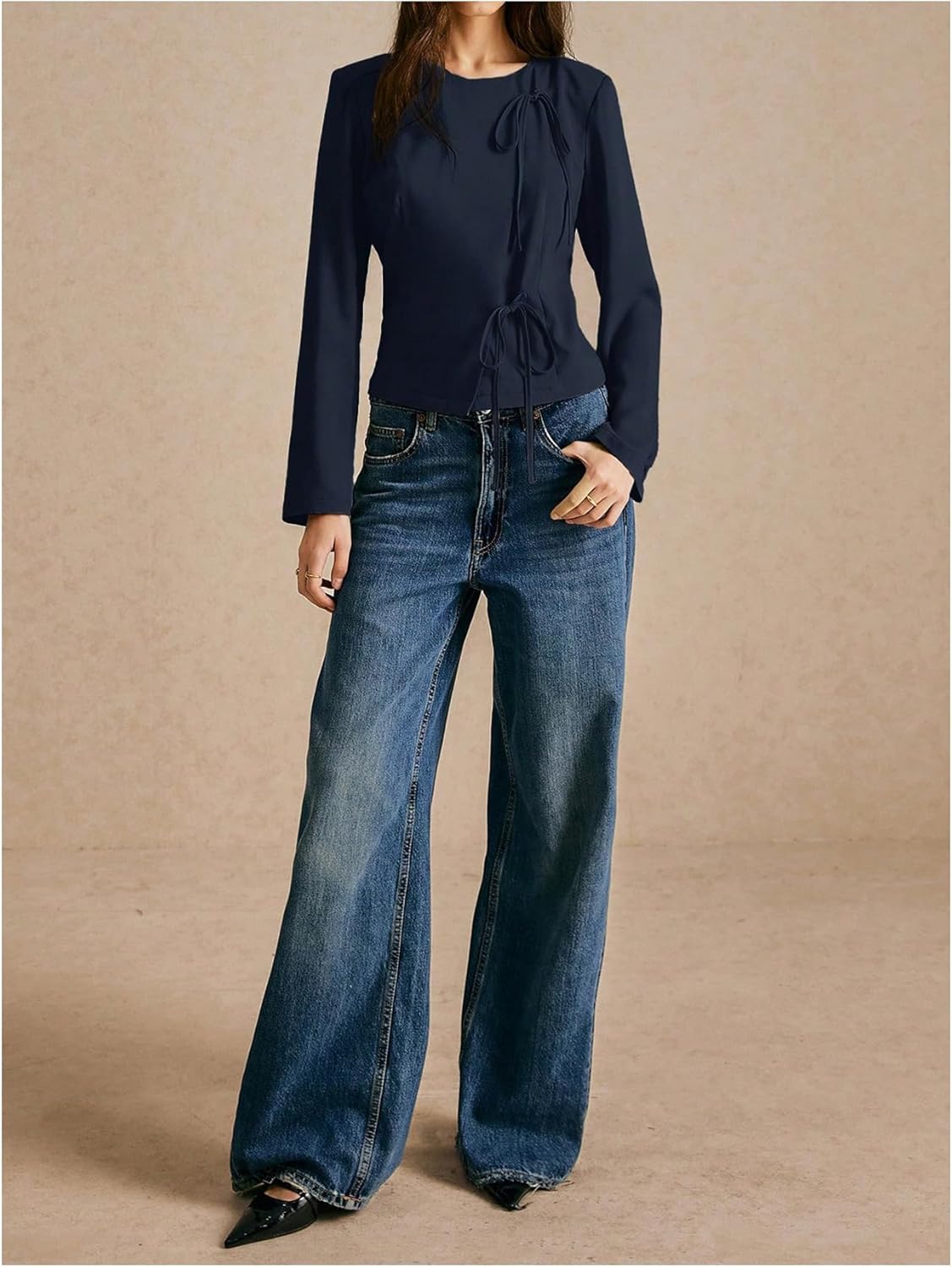 MakeMeChic Women's Crew Neck Blouse Wrap Tie Side Long Sleeve Business Dressy Tops - Image 5