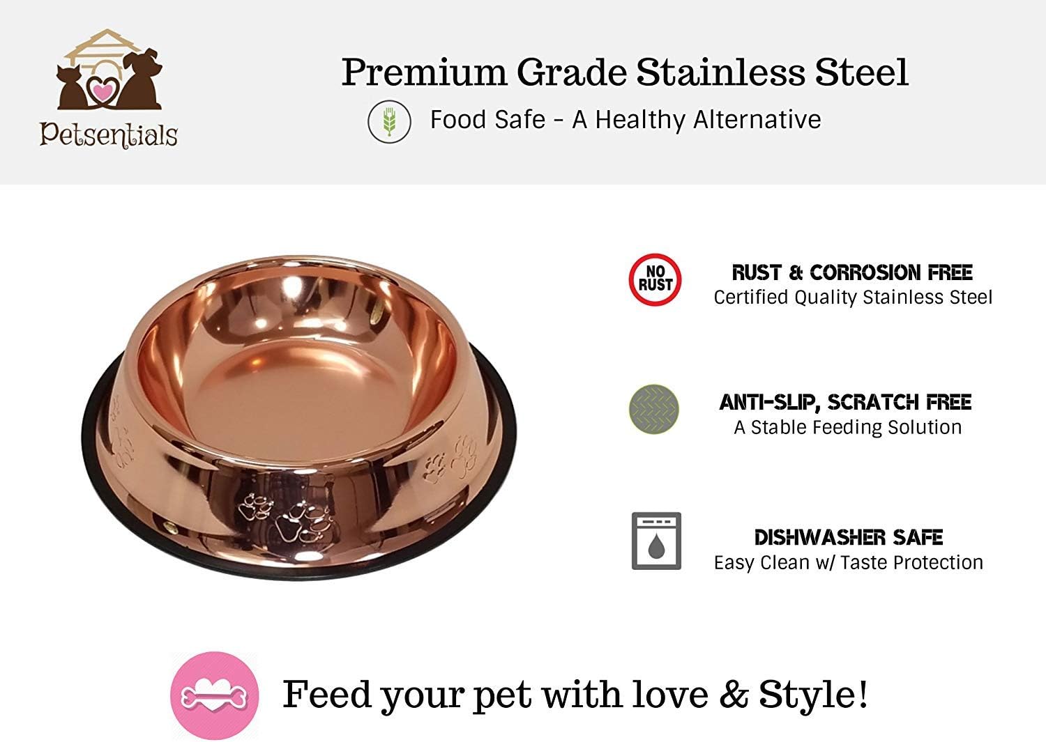 Petsentials Non-Skid Stylish Food Bowl for Your Pet, Premium Grade Stainless Steel - Elegant Bronze | Small, 18oz (2 Pack) image 2