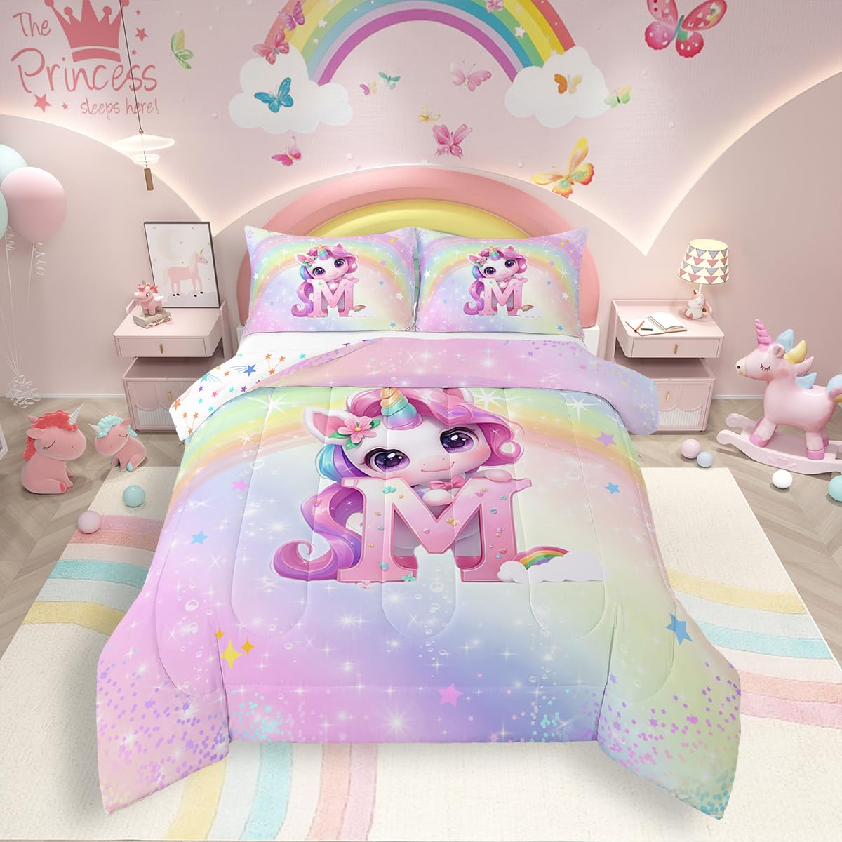 Unicorn Girls Bedding Set Twin for Kids Rainbow Pink Unicorn Comforter Set,Galaxy Stars Gradient Glitter Bedding for Princess Style Room Decor Kawaii