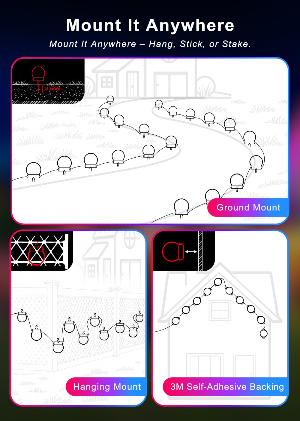 RGBIC - Catena luminosa a LED per esterni, a energia solare, 10 m, con 16 modalità di scena, dimmerabile, funziona con telecomando APP, illuminazione per giardino, balcone, gazebo, terrazza, feste