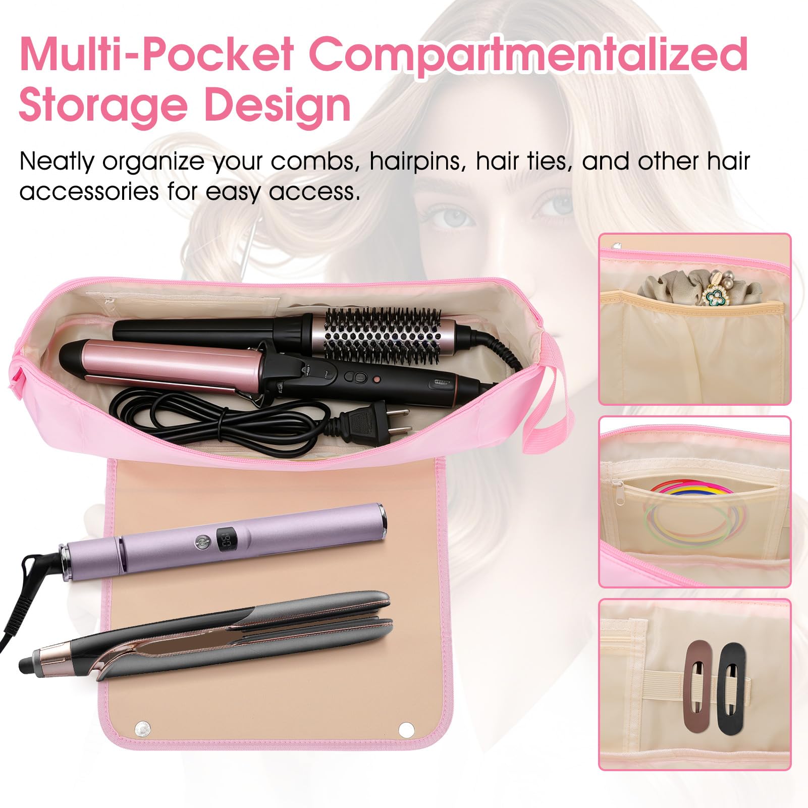 Gugxiom Borsa da viaggio per acconciature con base resistente al calore, borsa 2 in 1, grande capacità per arricciacapelli, piastre per capelli, asciugacapelli e spazzole ad aria calda (rosa)