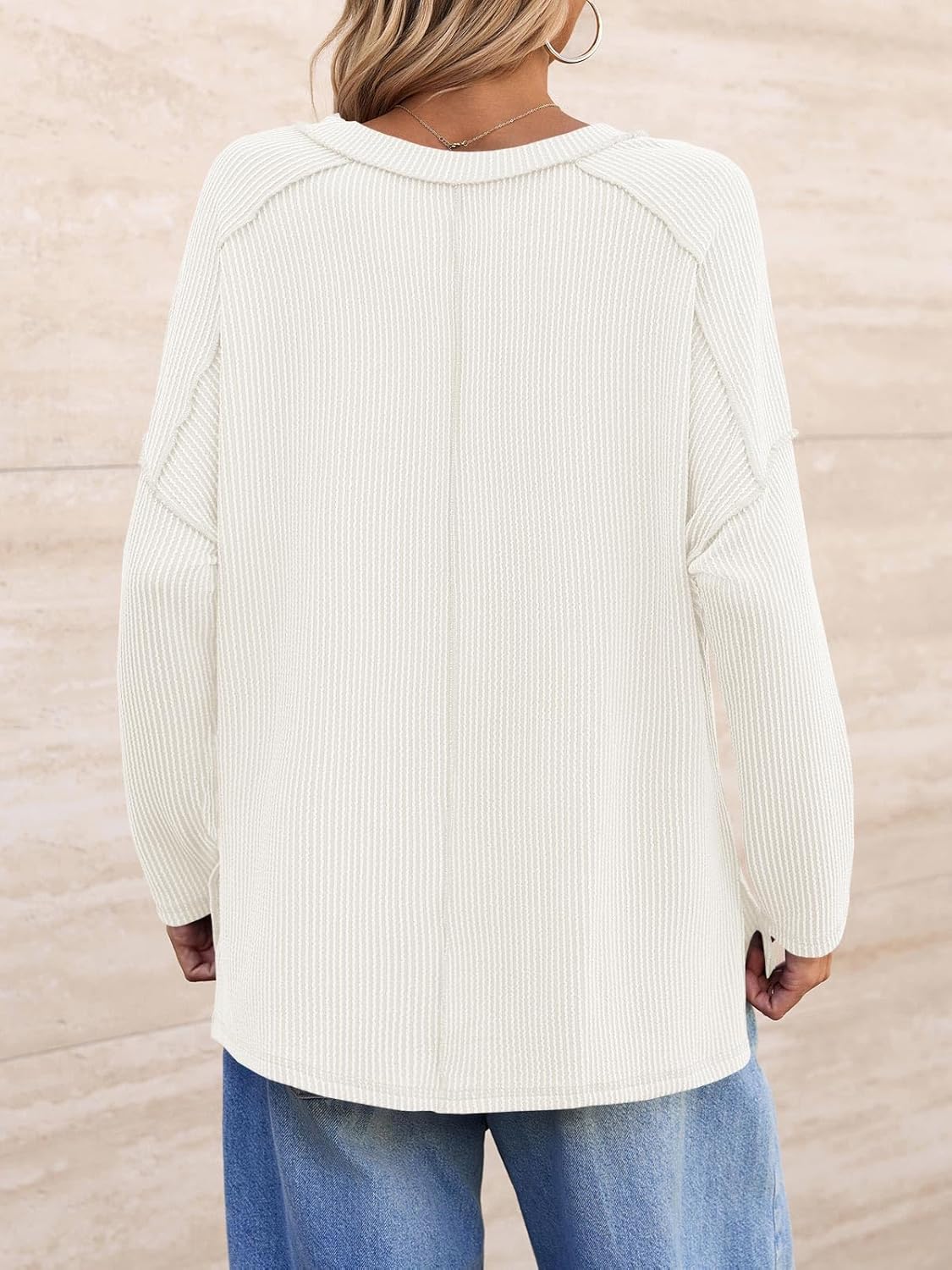 Tankaneo Womens Long Sleeve Shirts Oversized Fall Ribbed Side Slit Tunic Tops Casual Textured Loose Fit Sweaters Tees - Image 3