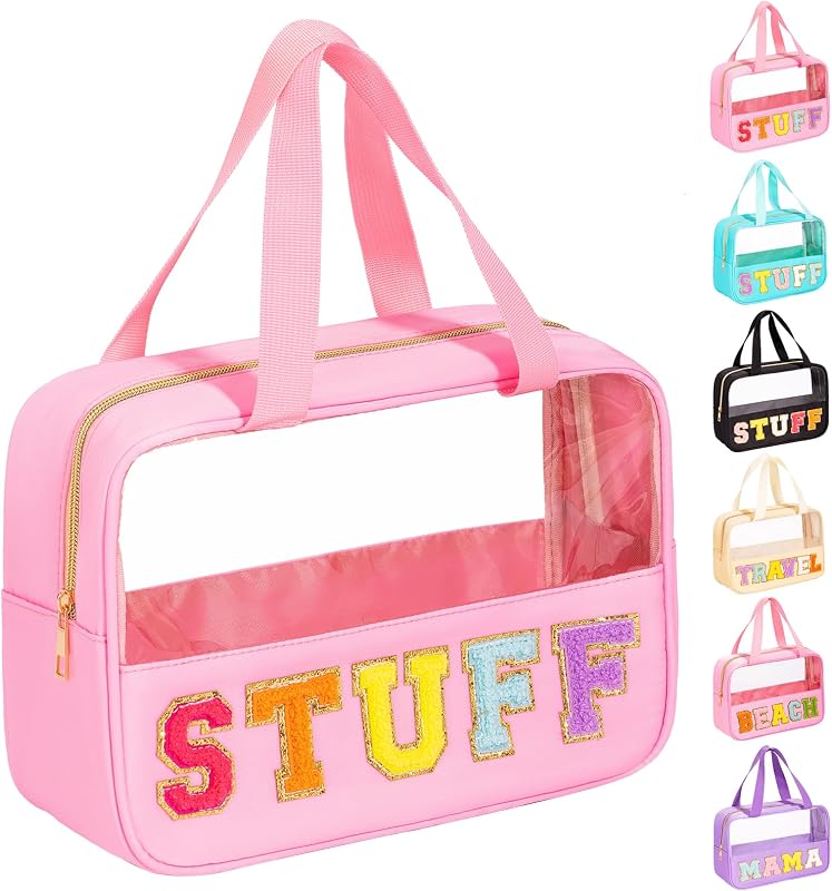 Necessaire transparente de maquiagem eurovicky com patch de letras em chenille, Sweet Pink-STUFF, 29 x 9 x 20 cm