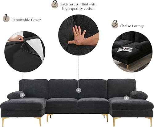 Miniatura 4 de VERYKE Sofá seccional en forma de U, moderno sofá seccional de tela de chenilla de 110 pulgadas, sofá cama tapizado con patas de metal dorado para