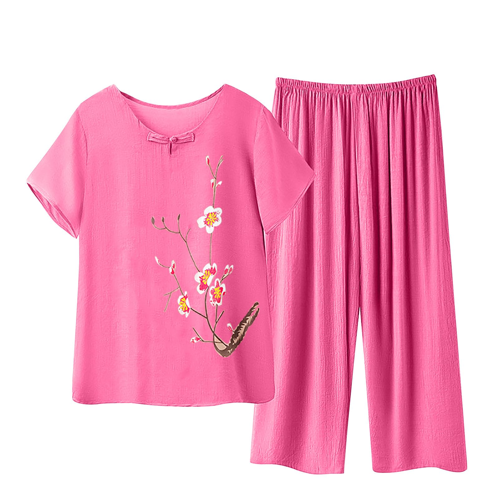 Casual Lounge Sets for Women Cotton Linen Summer Outfits 2 Piece Pajamas Floral Short Sleeve Tops and Wide Leg Pants