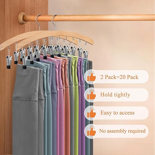 Miniatura 3 de Paquete de 2 organizadores de leggings para armario, perchas de madera para pantalones que ahorran espacio con clips, organizador colgante de