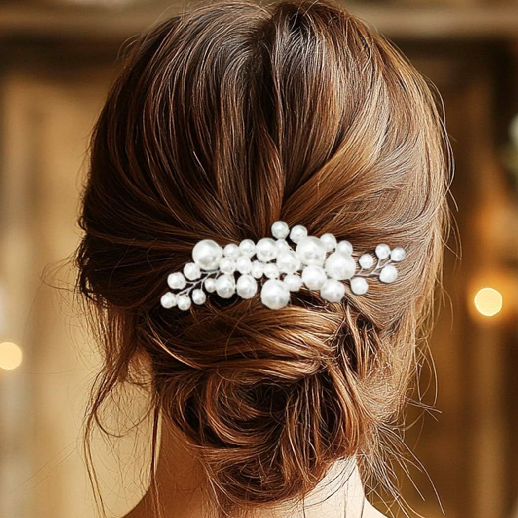 Pearl Bridal Hair Comb Silver Bride Wedding Hair Piece Prom Hair Accessories for Women and Brides (Silver)