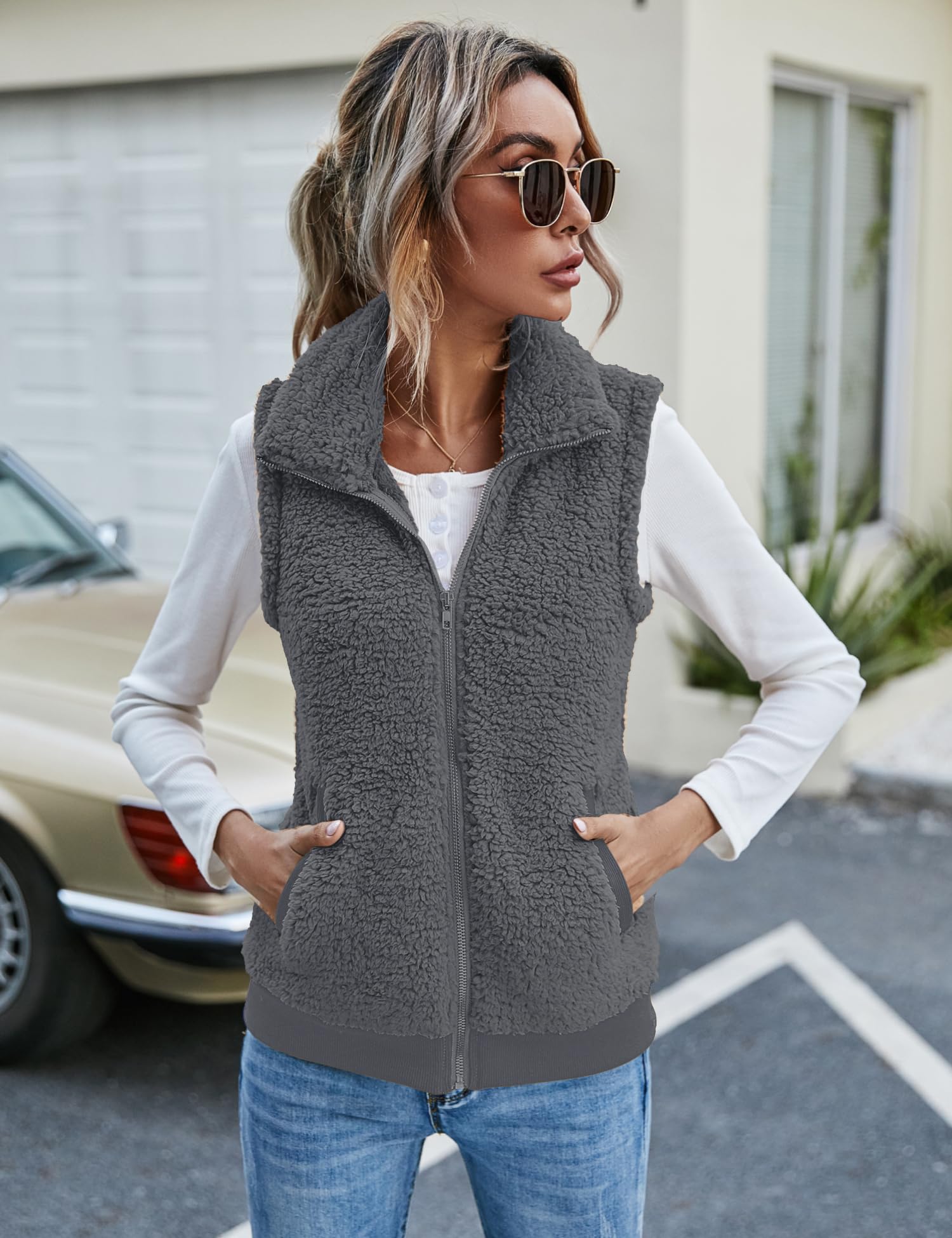 IECCP Teddy, gilet da donna in pile, caldo, senza maniche, per autunno e inverno, casual, leggero, con colletto alto