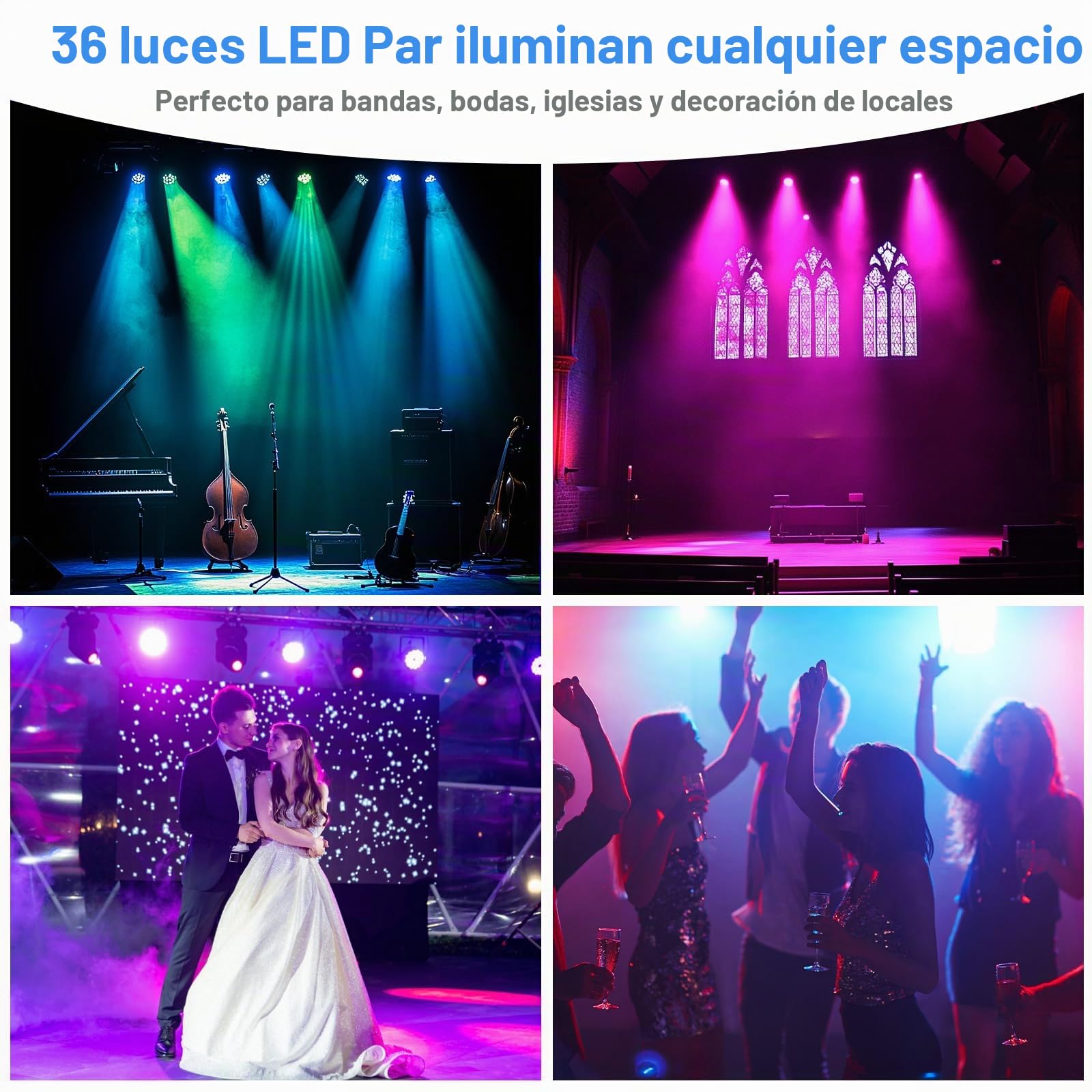 Paquete de 4 luces LED para escenario, 36 W, RGB DJ | con reproducción automática activada por sonido por control remoto y control DMX, luces ascendentes para, bodas, fiestas