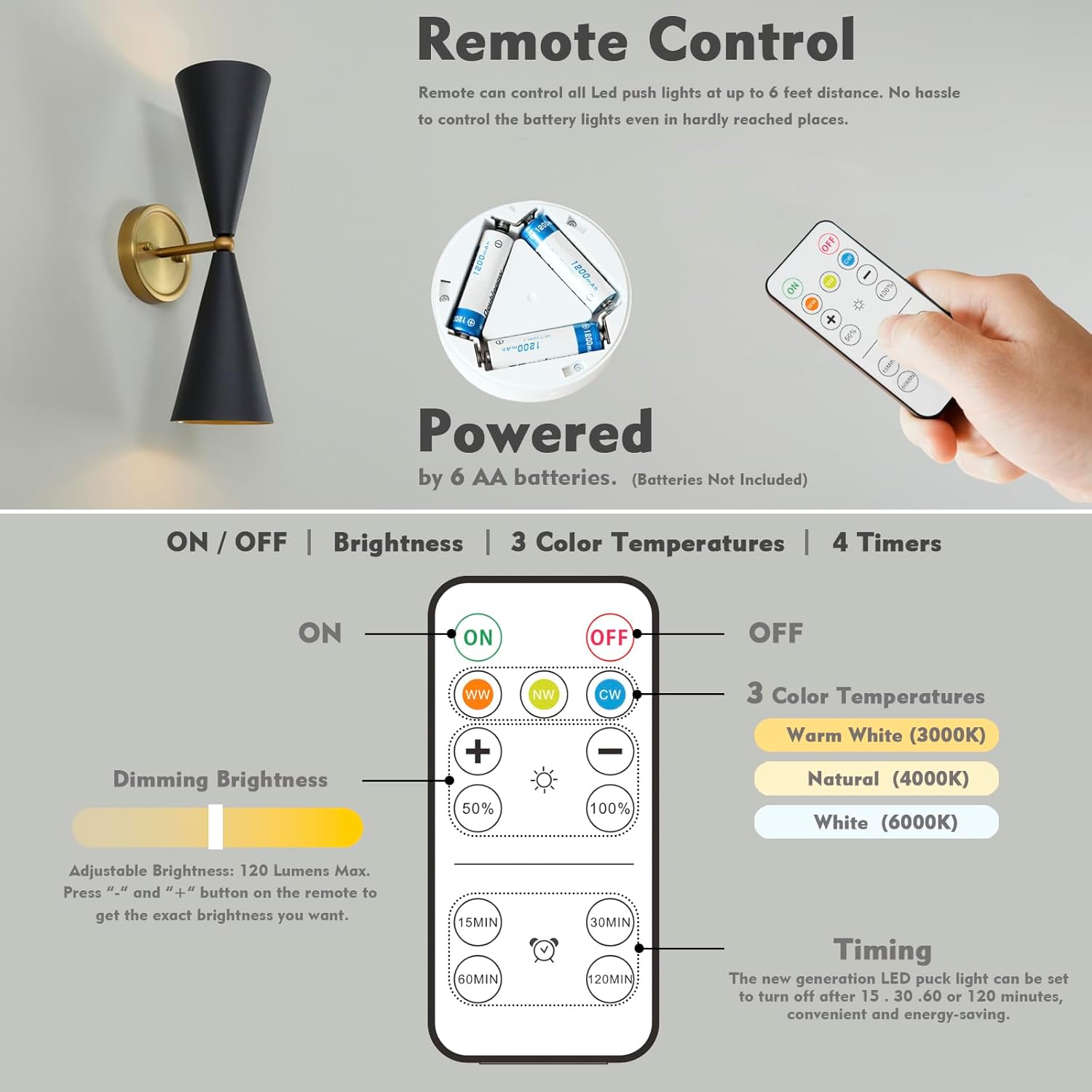 HEQIQEH Vintage Battery Operated Up and Down Wall Sconce, Wall Light Fixture with Remote Control, Black and Gold Dimmable Cordless Wall Lamp for Indoor Bedroom, Living Room, Stairs(1-Pack)