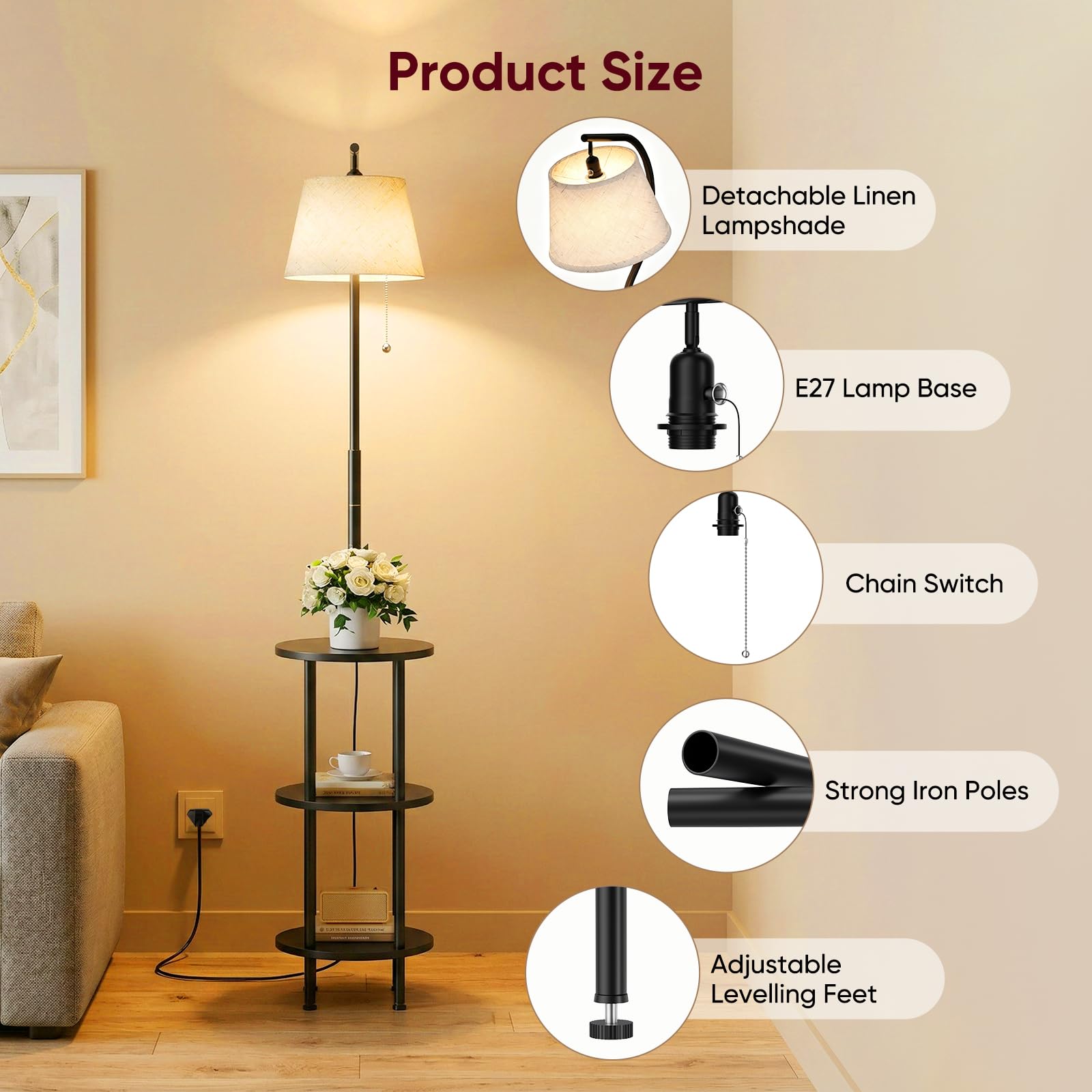 Lámpara de pie con 3 estantes, 9 W LED lámpara de pie con 3 temperaturas de color (3000 – 6000 K) y cabezal giratorio 350°, lámpara de pie con estantes de madera e interruptor de cadena para salón