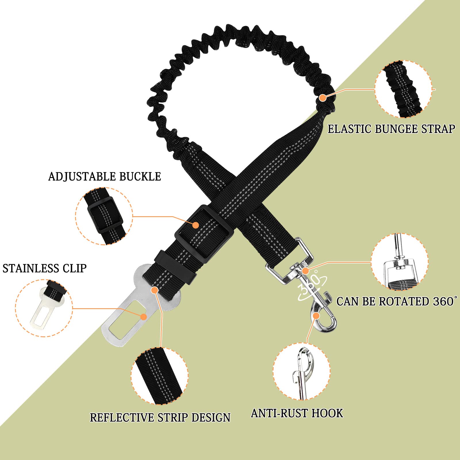 Dog Seat Belts for Cars, Anti-Shock Adjustable Elastic Nylon Bungee Buffer Dog Car Safety Harness, Safety Heavy Duty Elastic Dog Seatbelt Tether for Small Medium Large Dogs/Cats(Black) - image 4