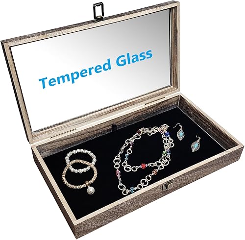 Miniatura 5 de MOOCA Vitrina de madera con tapa de cristal, vitrina de cuchillo de bolsillo con almohadilla de exhibición de joyería de terciopelo MDF de lujo