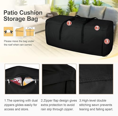 Miniatura 3 de Porch Shield Bolsa de almacenamiento para cojines al aire libre, 62 pulgadas, impermeable, para muebles de patio, con cremalleras y asas, color negro